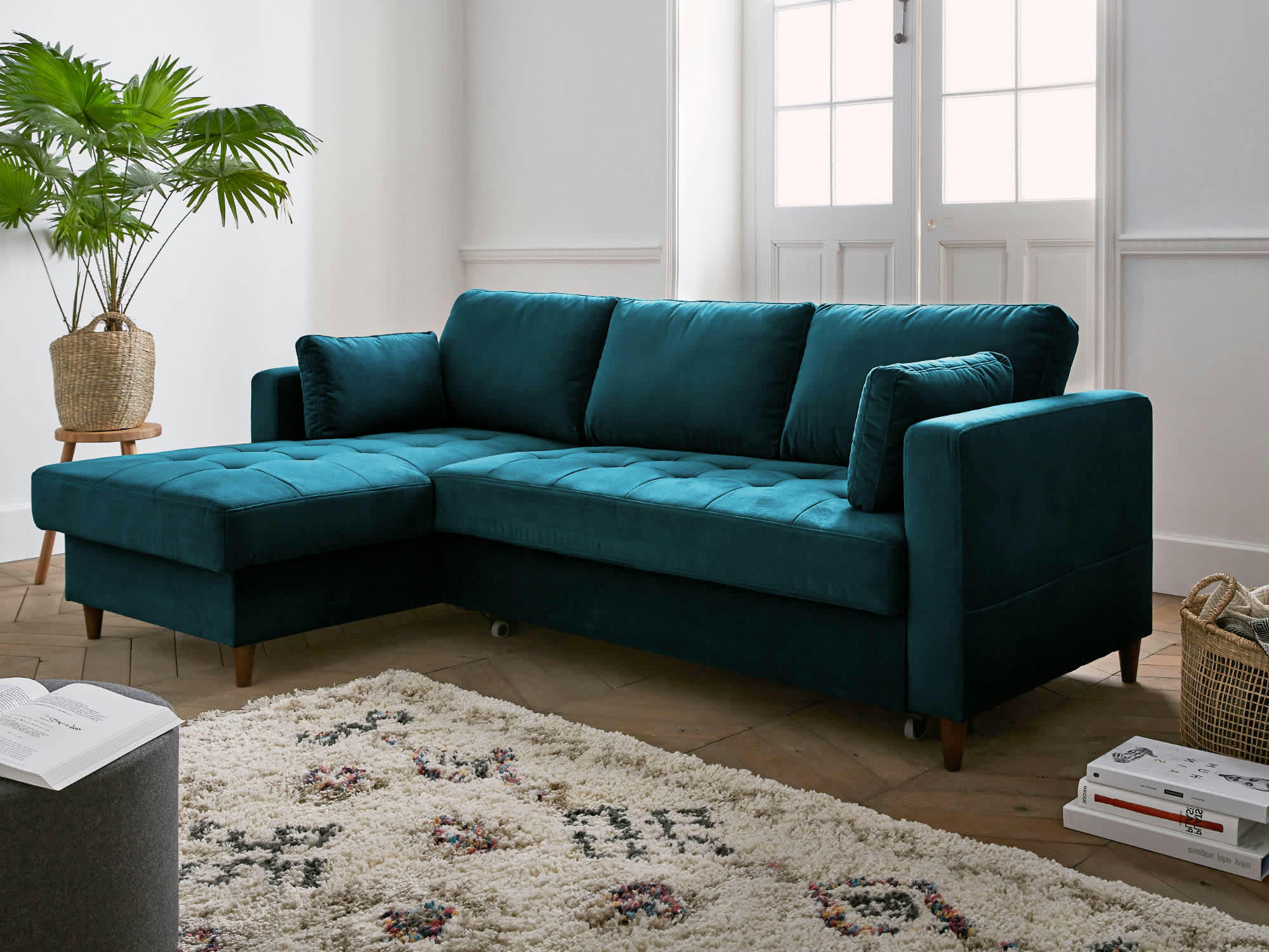 ANNA - Canapé d'angle gauche convertible 4 places en velours bleu canard