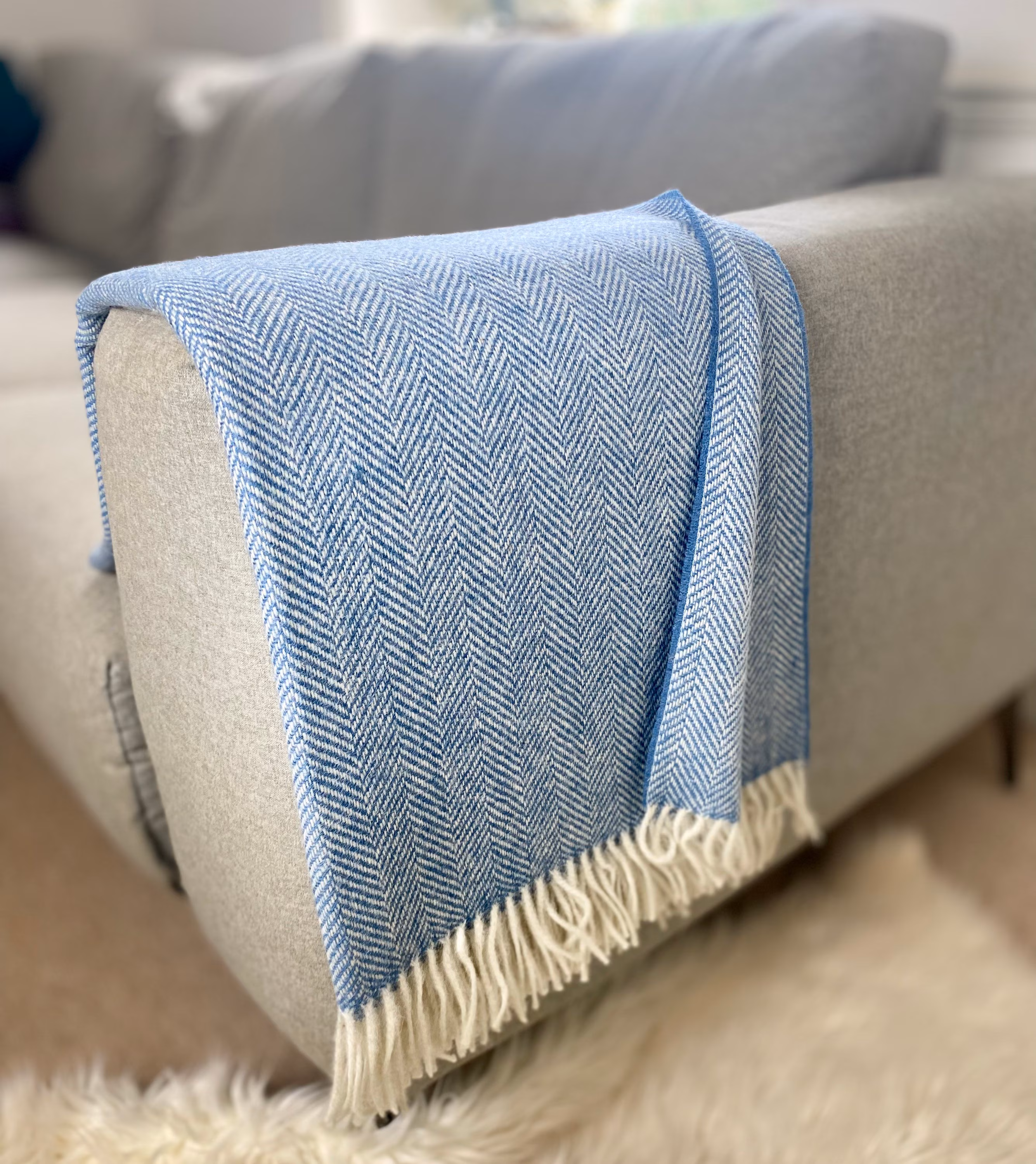 Large Blue Herringbone design 100% Wool Blanket with Contrasting fringing/ Made in the UK