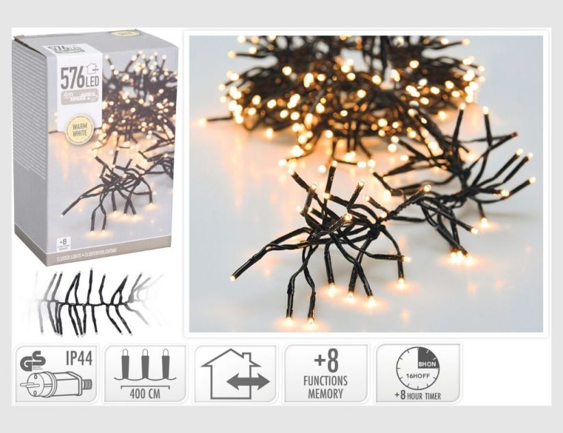 LED-Cluster-Lichterkette 576 LEDs warmweiß 4m mit Timer