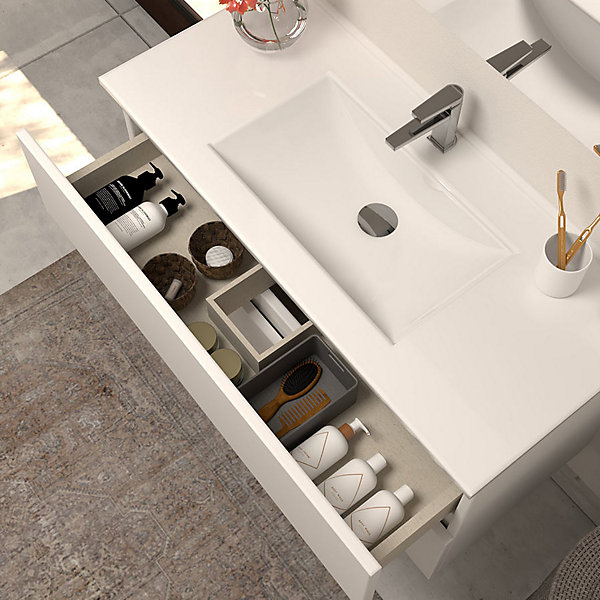 Meuble sous vasque seul, 2 tiroirs, 100cm, simple vasque - blanc brillant - IDA