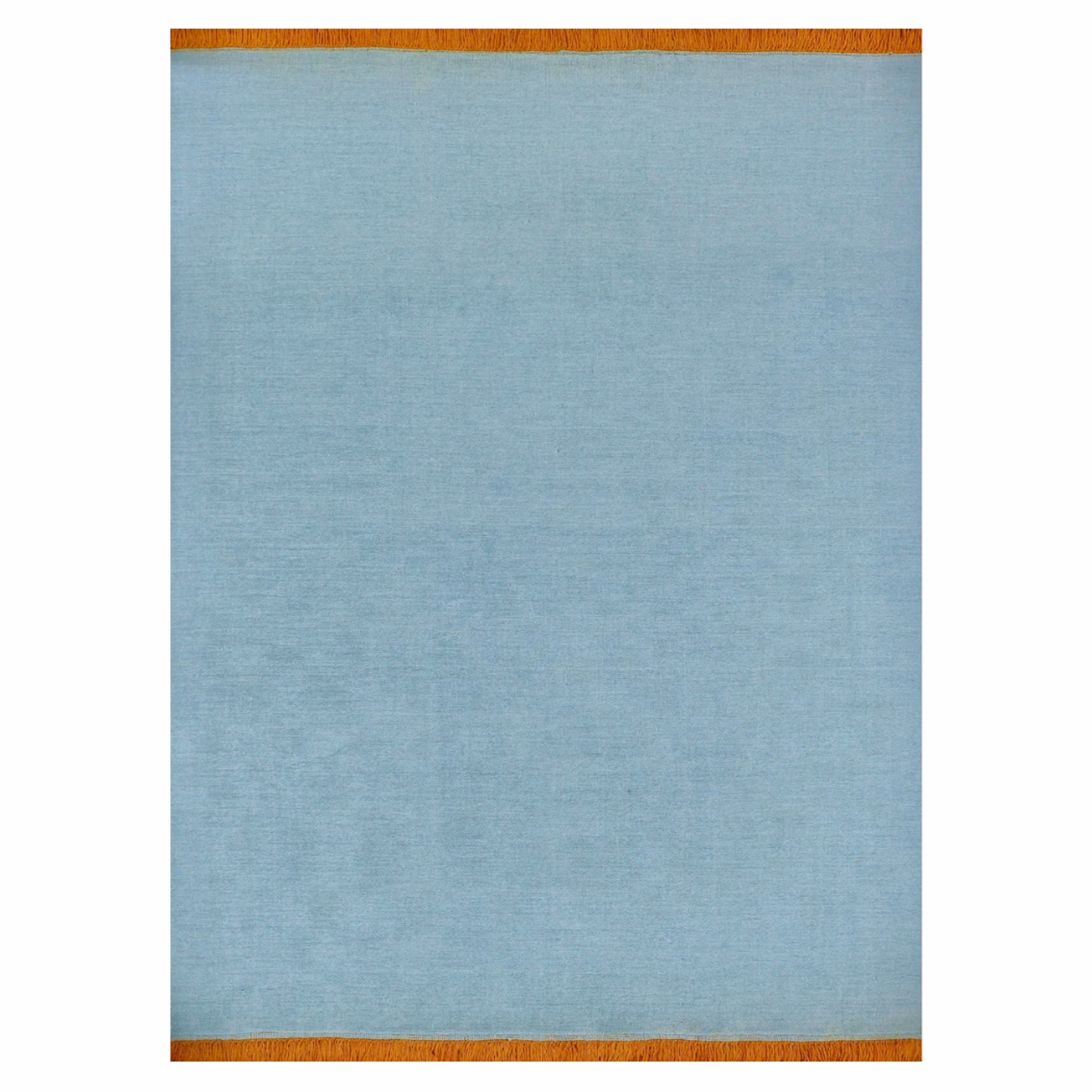 Light Blue & Orange Wool Handwoven Flatweave Rug. Minimalist Bohemian Rug For Bedroom Living Room.