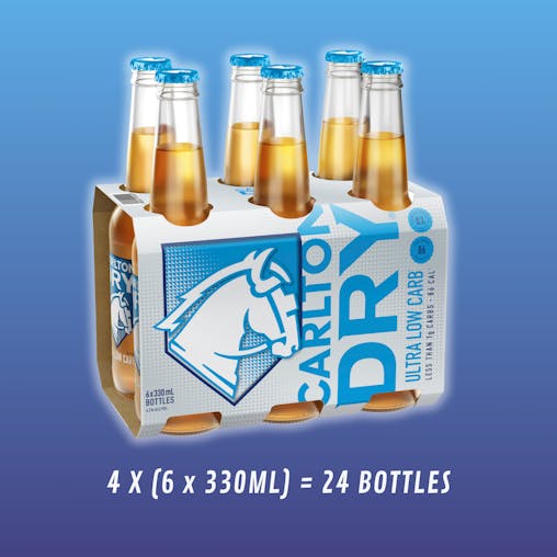 Carlton Dry, Ultra Low Carb & Full Strength Beer, Crisp & Refreshing Finish, Classic Australian Lager, 4.2% ABV, 330mL (Case of 24 Bottles)