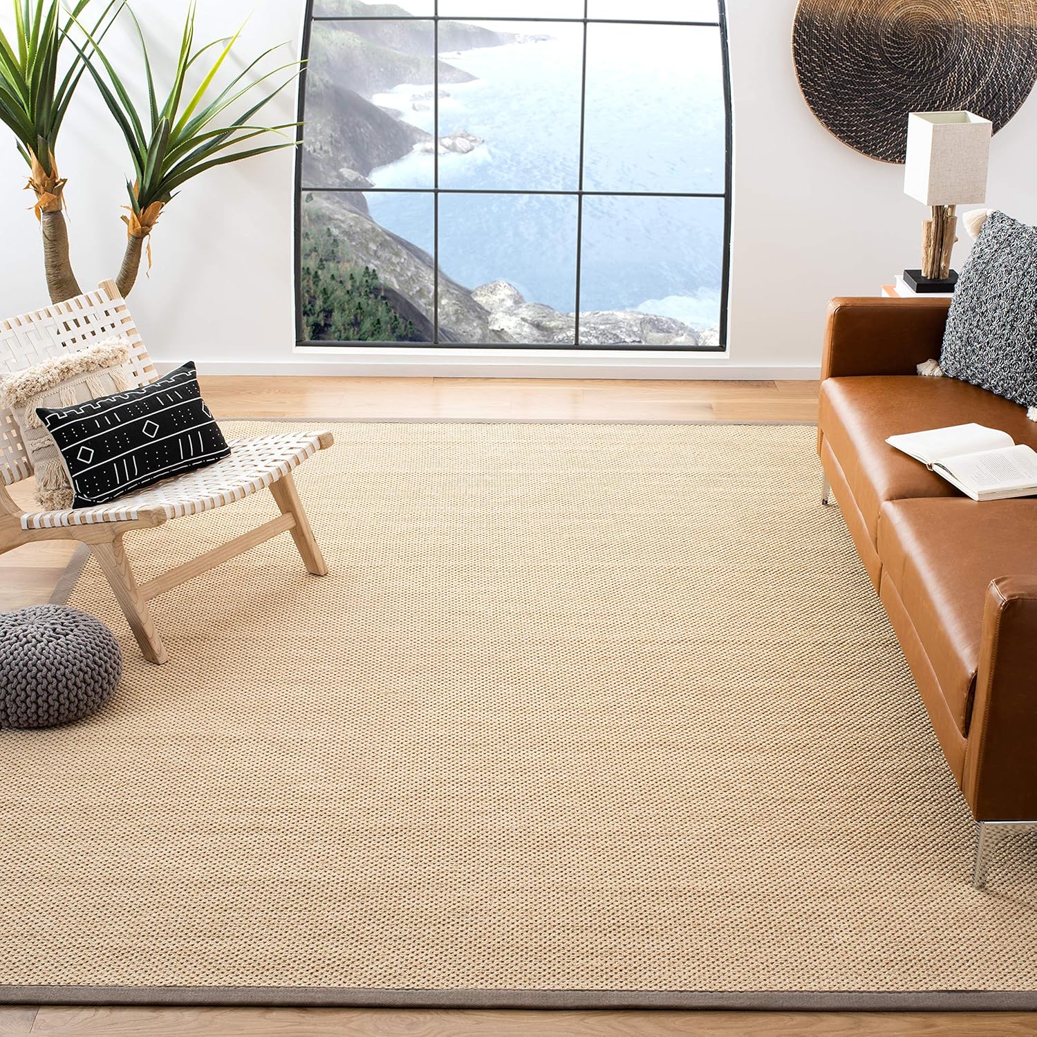 SAFAVIEH Area Rug 8x10 - Natural Fiber Collection - Large - Maize & Grey, Sisal, Woven Design with Border (NF141G)
