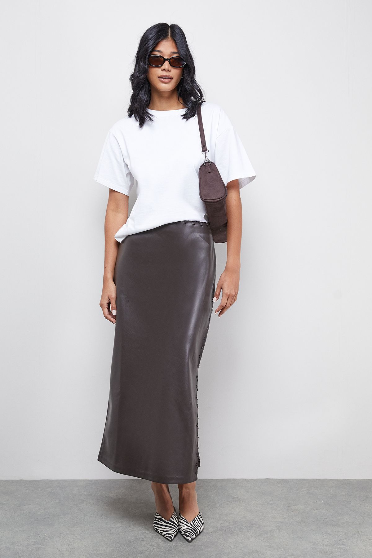 Warehouse Faux Leather Whipstitch Detail Midi Skirt