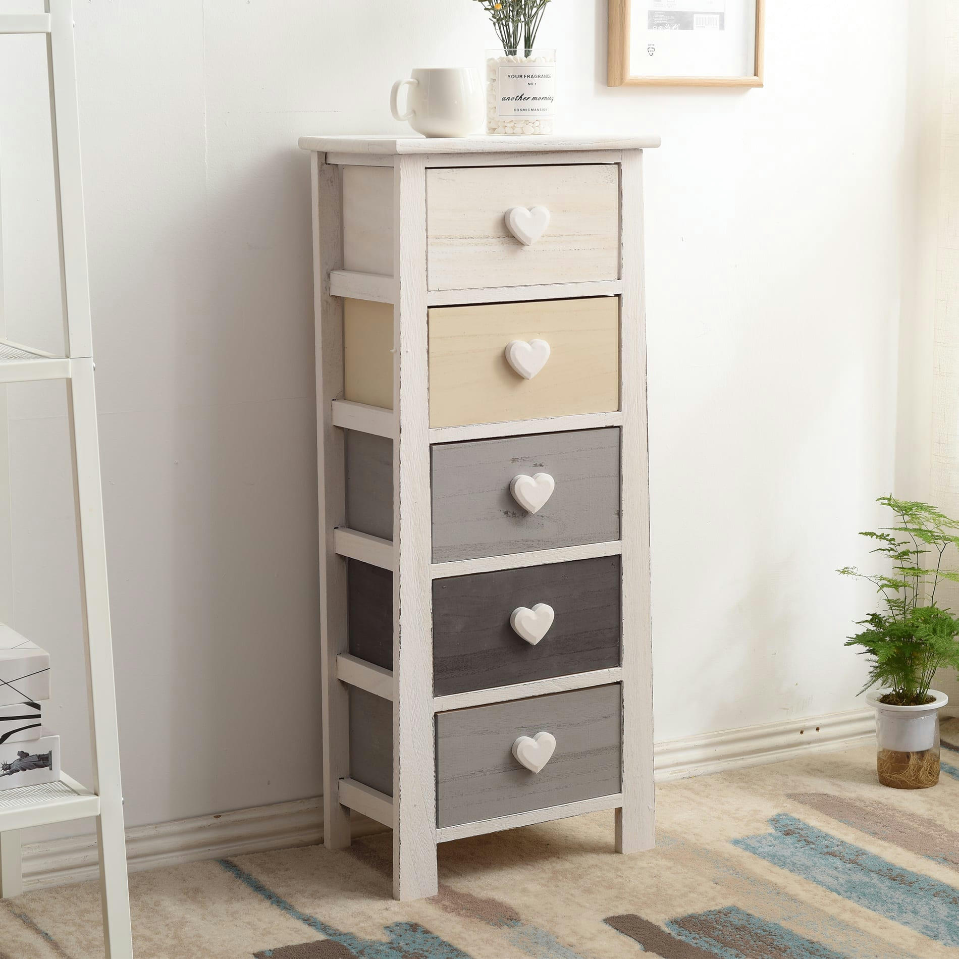 - Chiffonnier avec 5 tiroirs en bois blanc et gris et beige