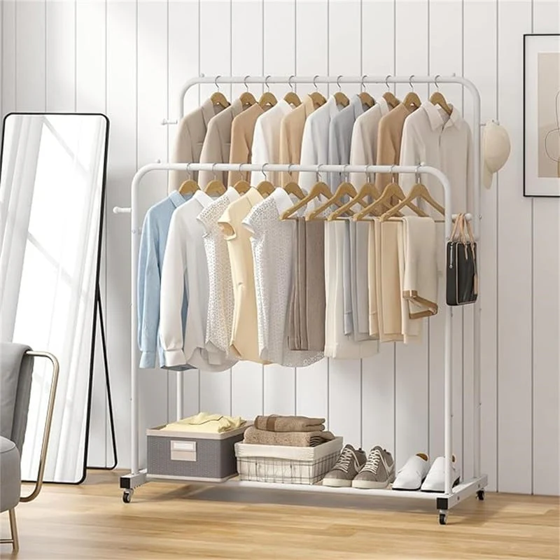 Double Rods Garment Rack with Wheels - 16.73D x 39.76W x 66.55H