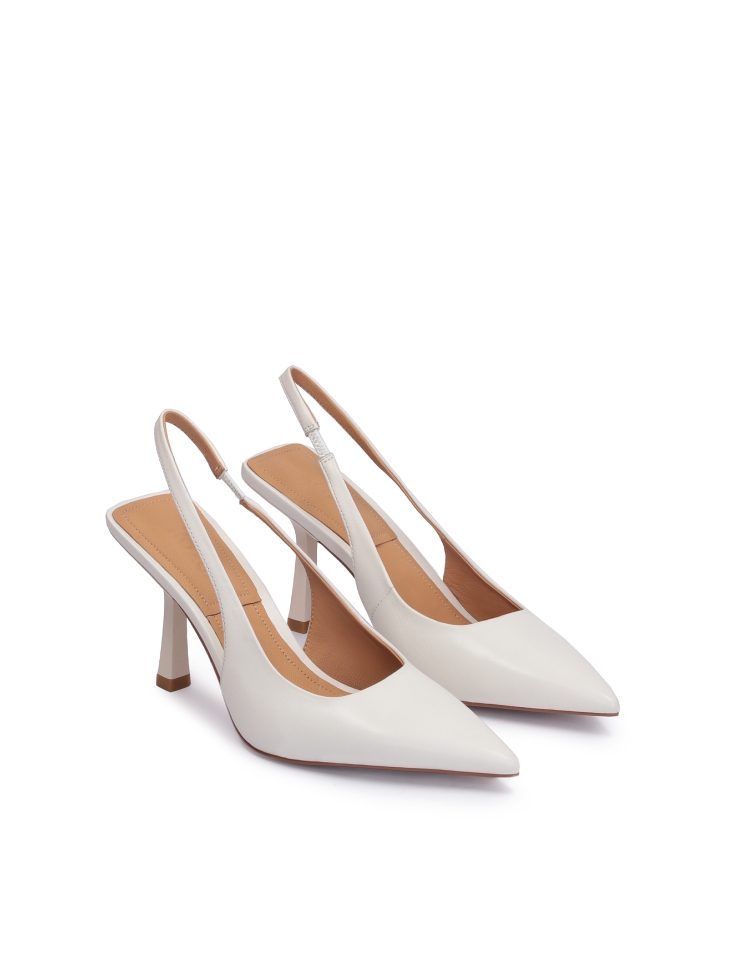 Off white pumps on a sleek stiletto with a square heel