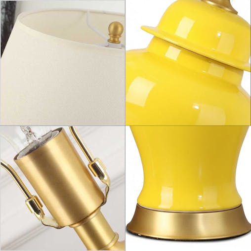 SOGA 2X Oval Ceramic Table Lamp with Gold Metal Base Desk Lamp Yellow