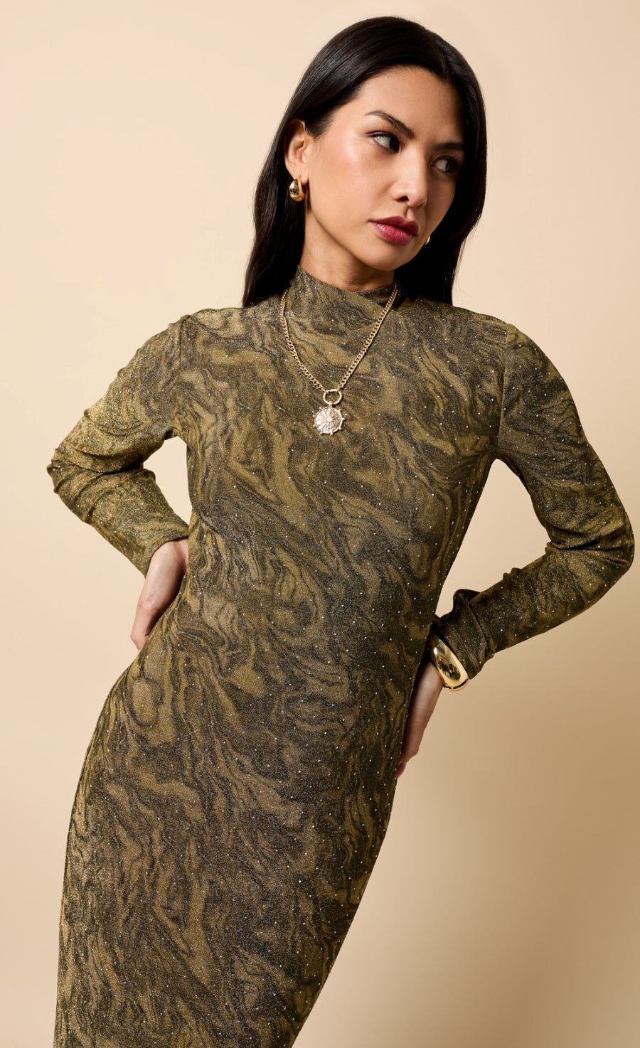 Little Mistress Gold Print Lurex Midaxi Dress