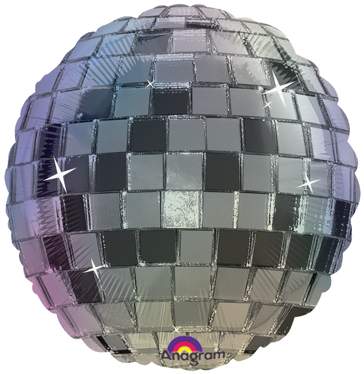 Disco Ball Satin Foil Balloon, Silver/Sparkle, 15-in, Helium Inflation & Ribbon Included for Dance Party