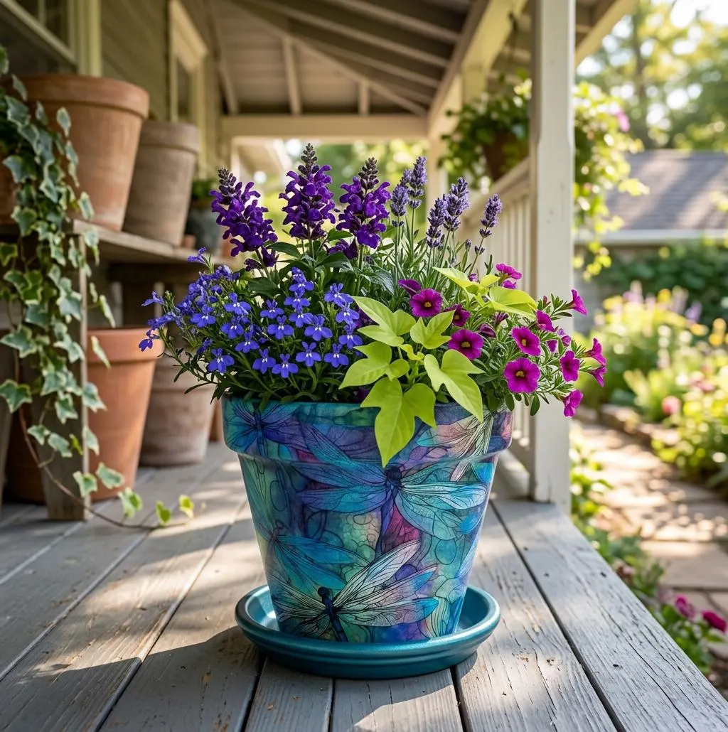 Terra Cotta Flower Pot: Dance of The Dragonflies In Blue and Green Handcrafted Gift For Gardener