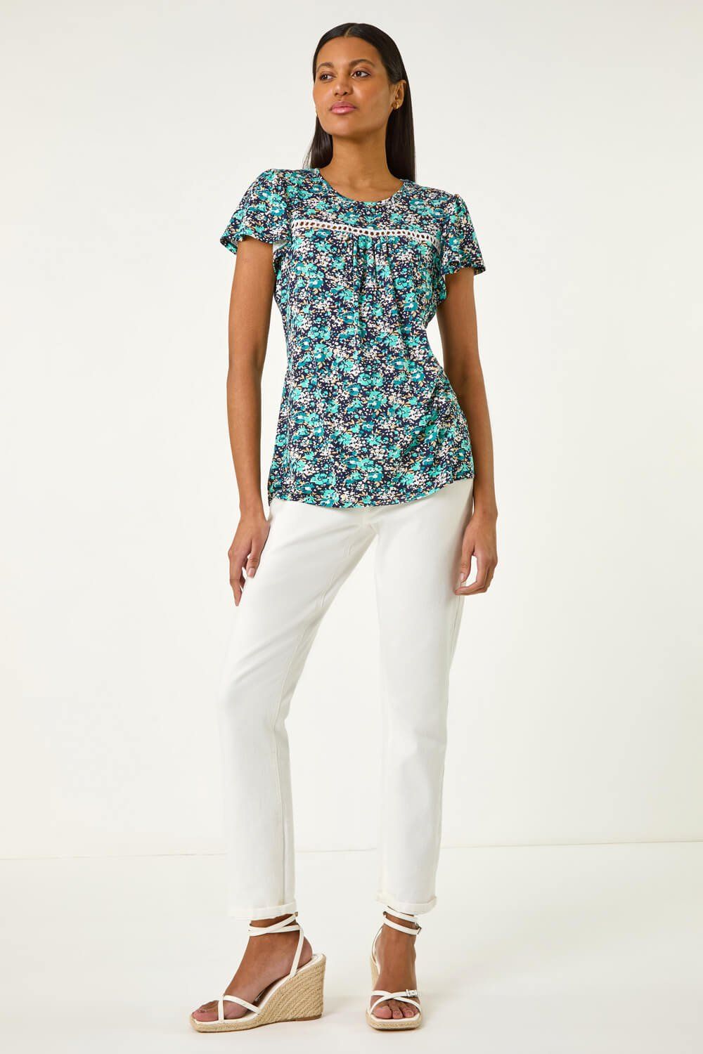 Roman Floral Print Ladder Trim Stretch Top