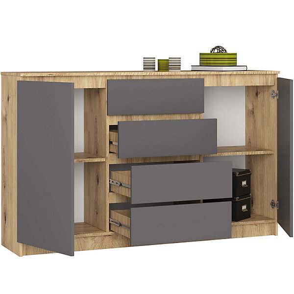 Grande Commode pour le salon AKORD K160 Chêne Artisan 160 cm 2 portes 4 tiroirs façade Gris Graphite 4 étagères 160x40x99 cm