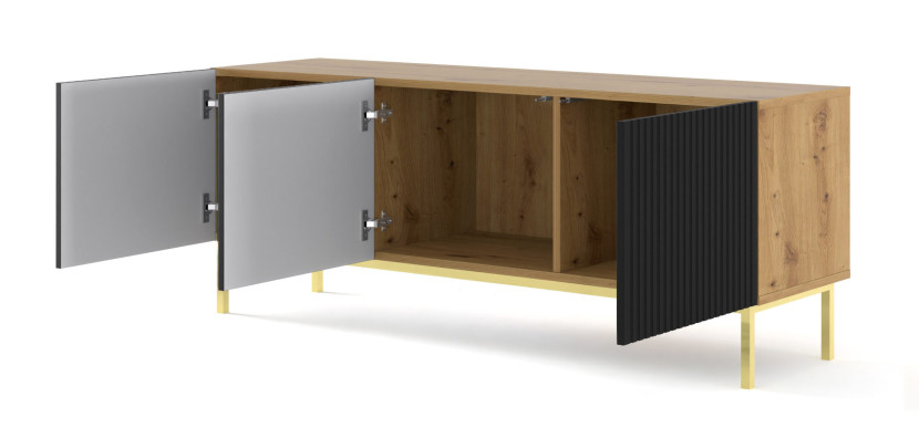 Ravenna B Szafka RTV 150 3D frez MDF dąb artisan / czarny   RAMA ZŁOTA