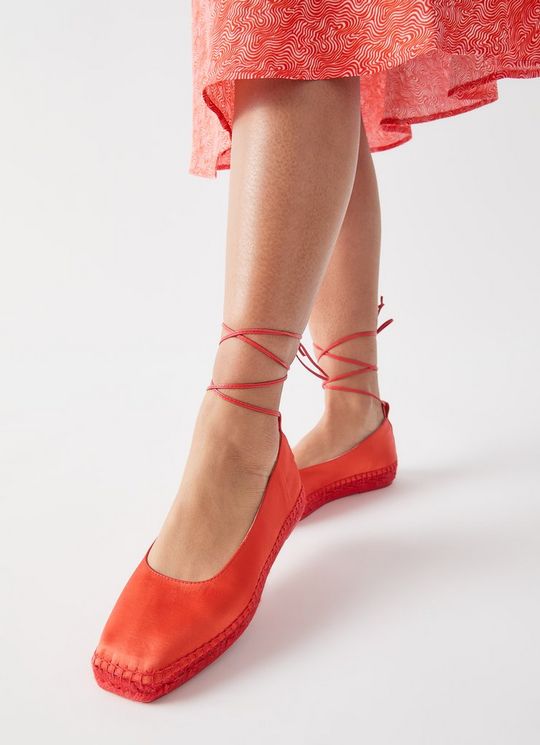 Mia Red Ankle Tie Satin Espadrille Sandals