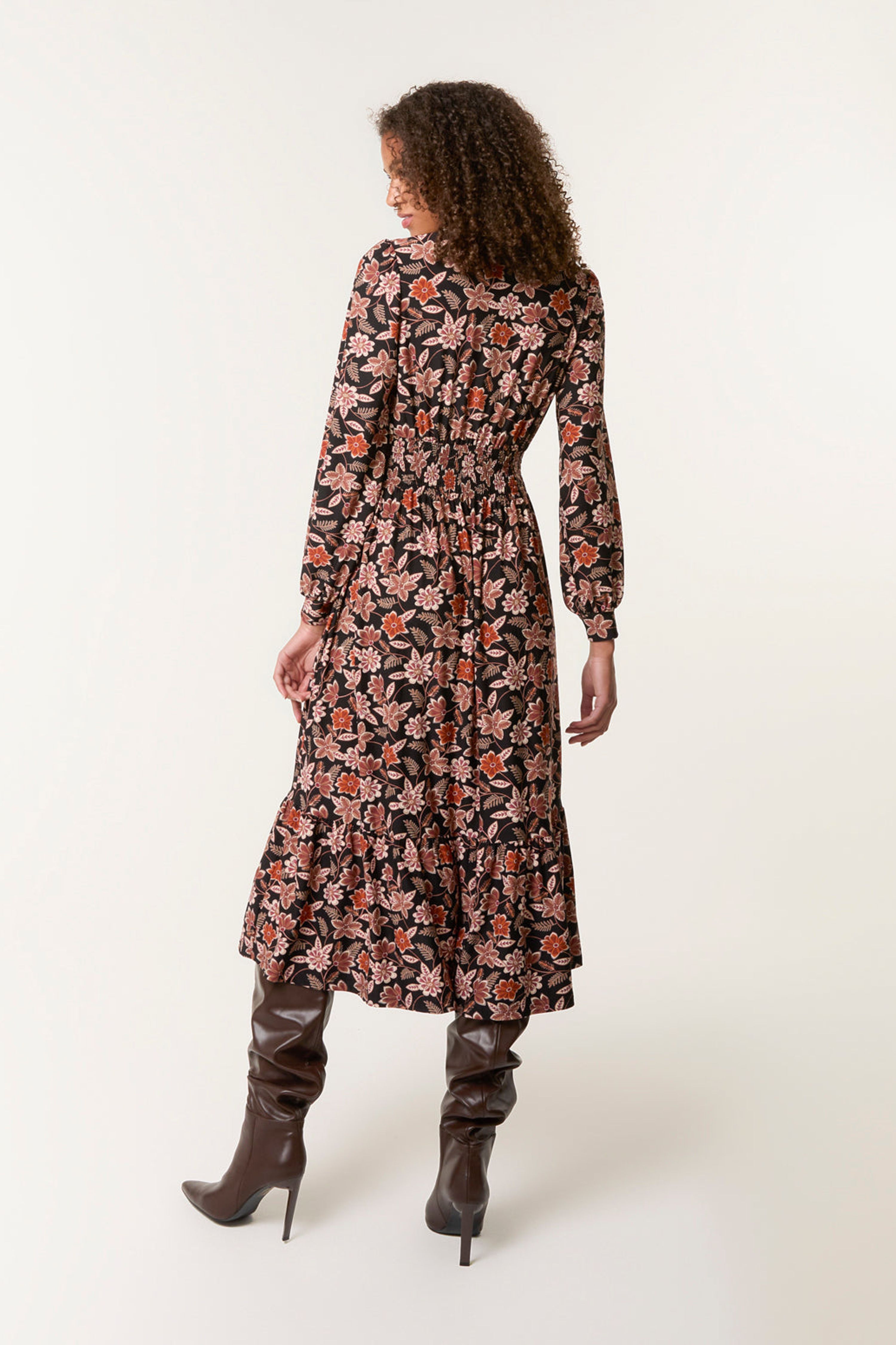 Blue Vanilla Black Floral Printed Shirred Waist Midi Shirt Dress