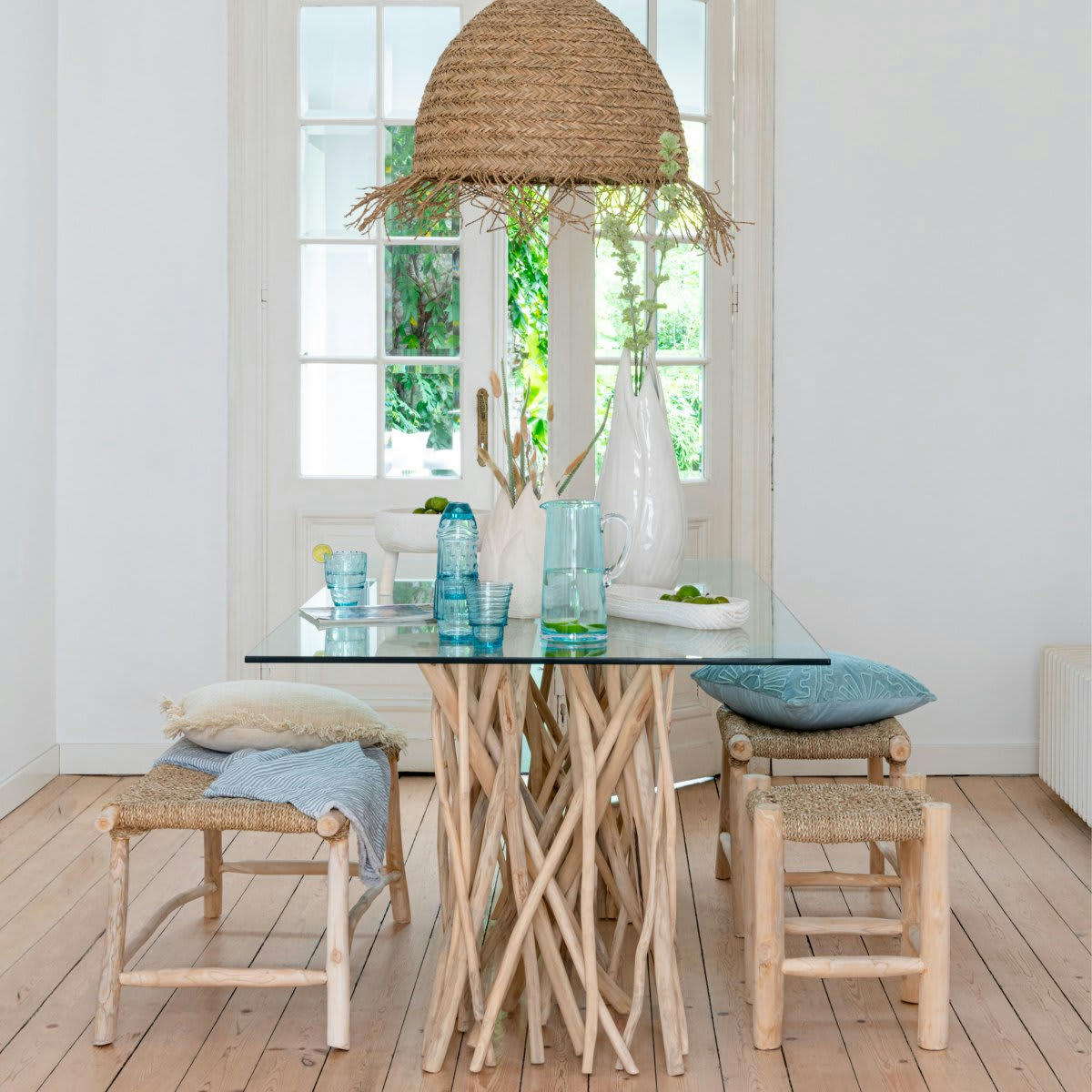 BANGKOK - Banc bohème en bois et corde naturel