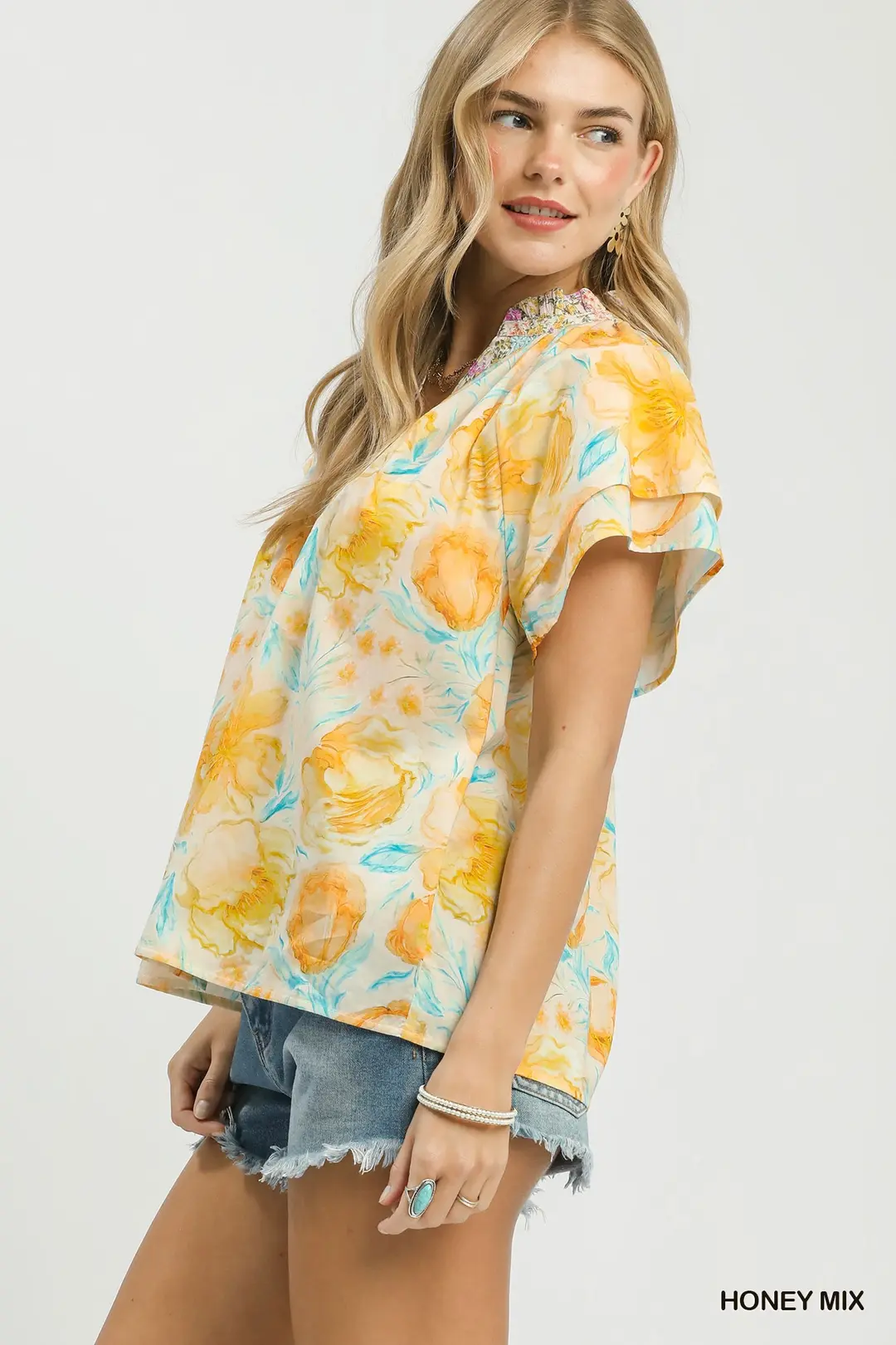Mix Floral Print Blouse with Crochet Lace Trim