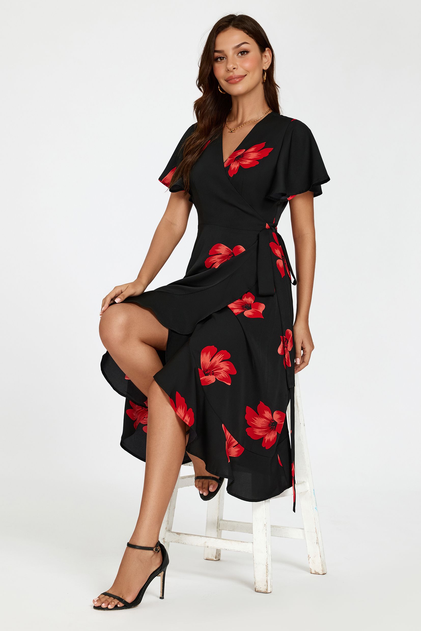 FS Collection Floral Print Angel Sleeve Wrap Dress In Black