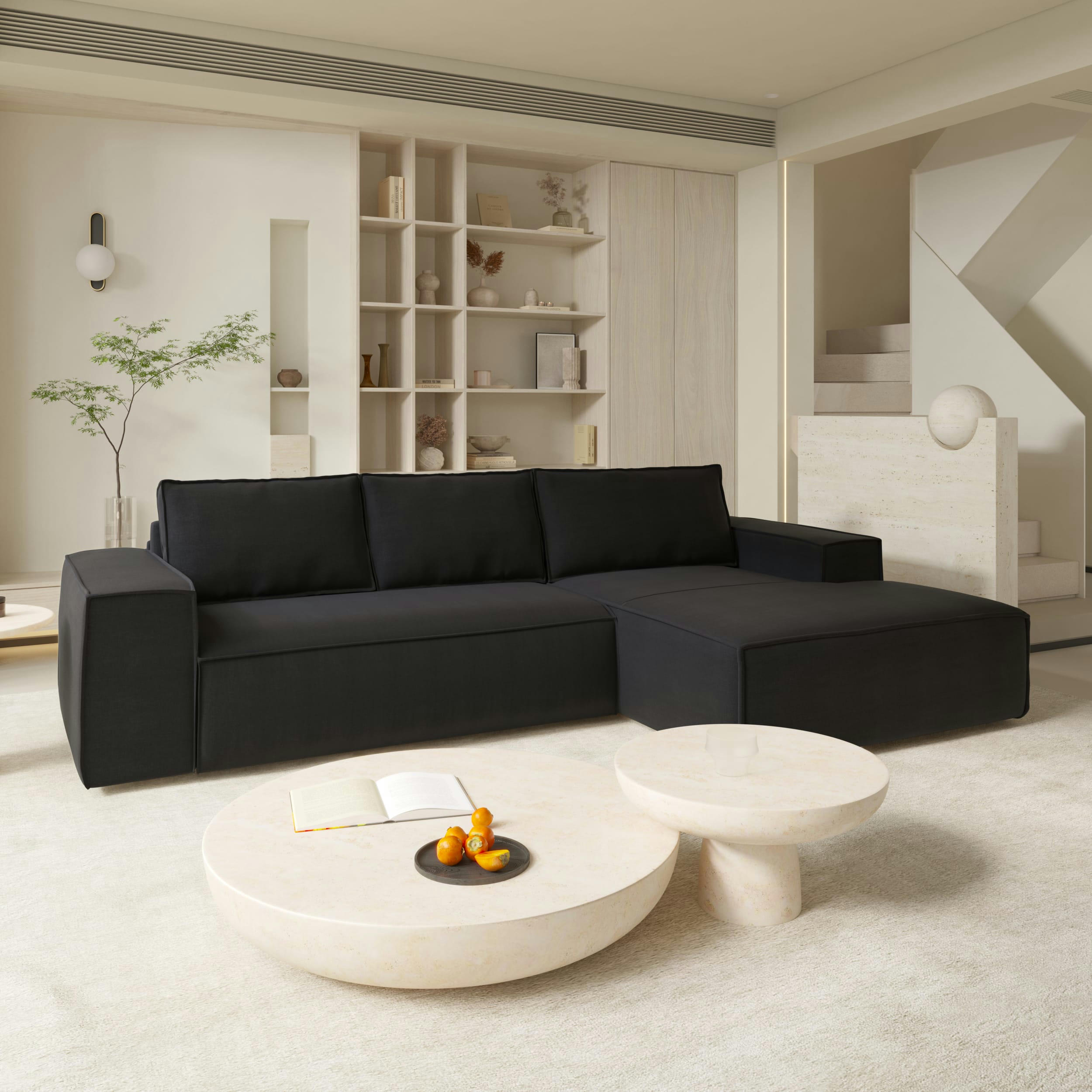 JOAN - Canapé convertible angle droit dunlopillo velours noir 140cm