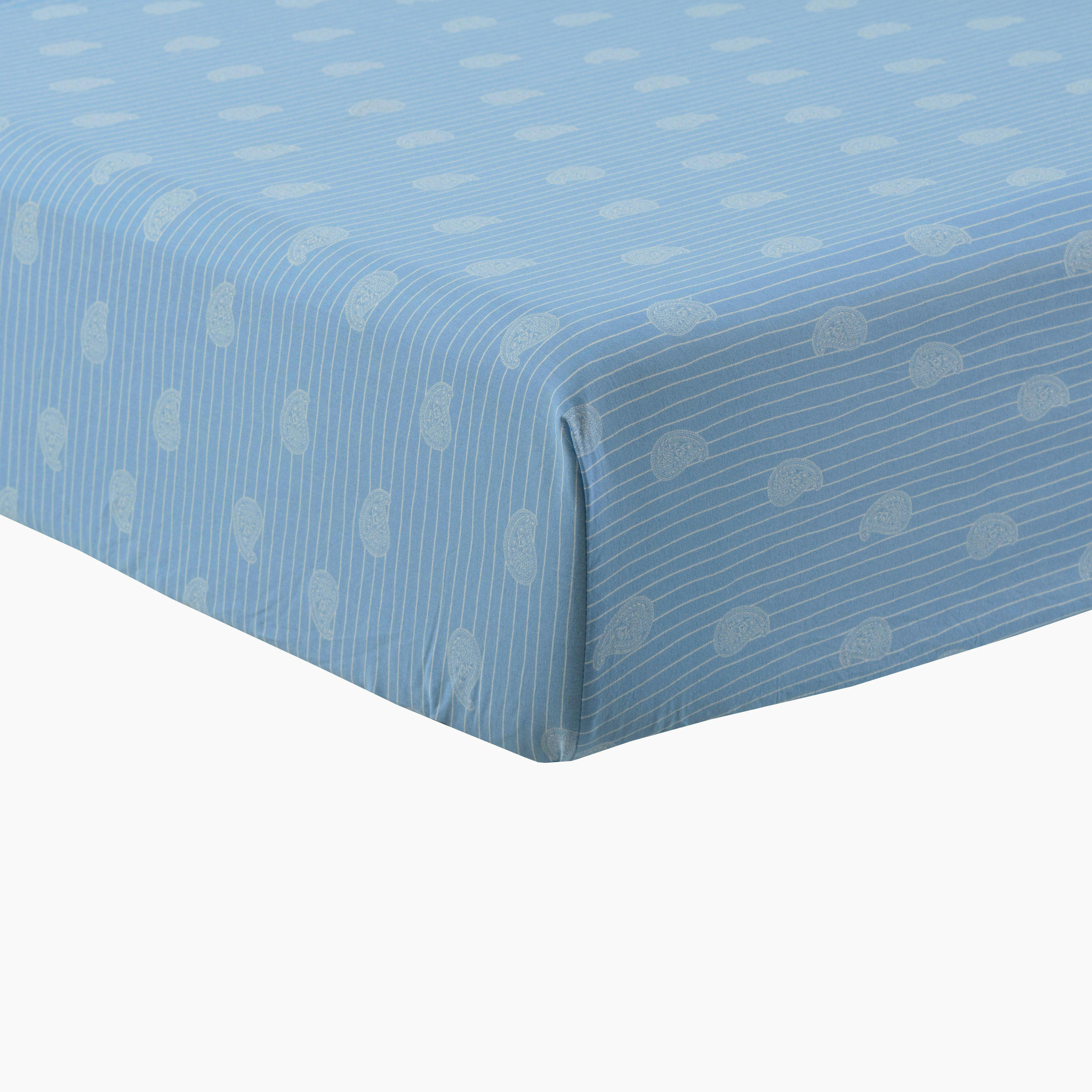 MADELEINE - Drap housse pur coton lavé imprimé bleu 180 x 200 cm