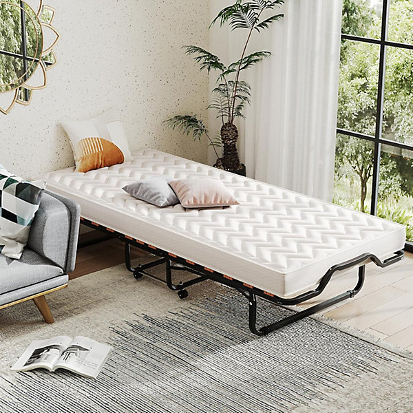 Lit Pliant à Roulettes avec Matelas 10CM - 200x80CM Charge 120KG - à Lattes en Bois Matelas en Mémoire de Forme(Vague)