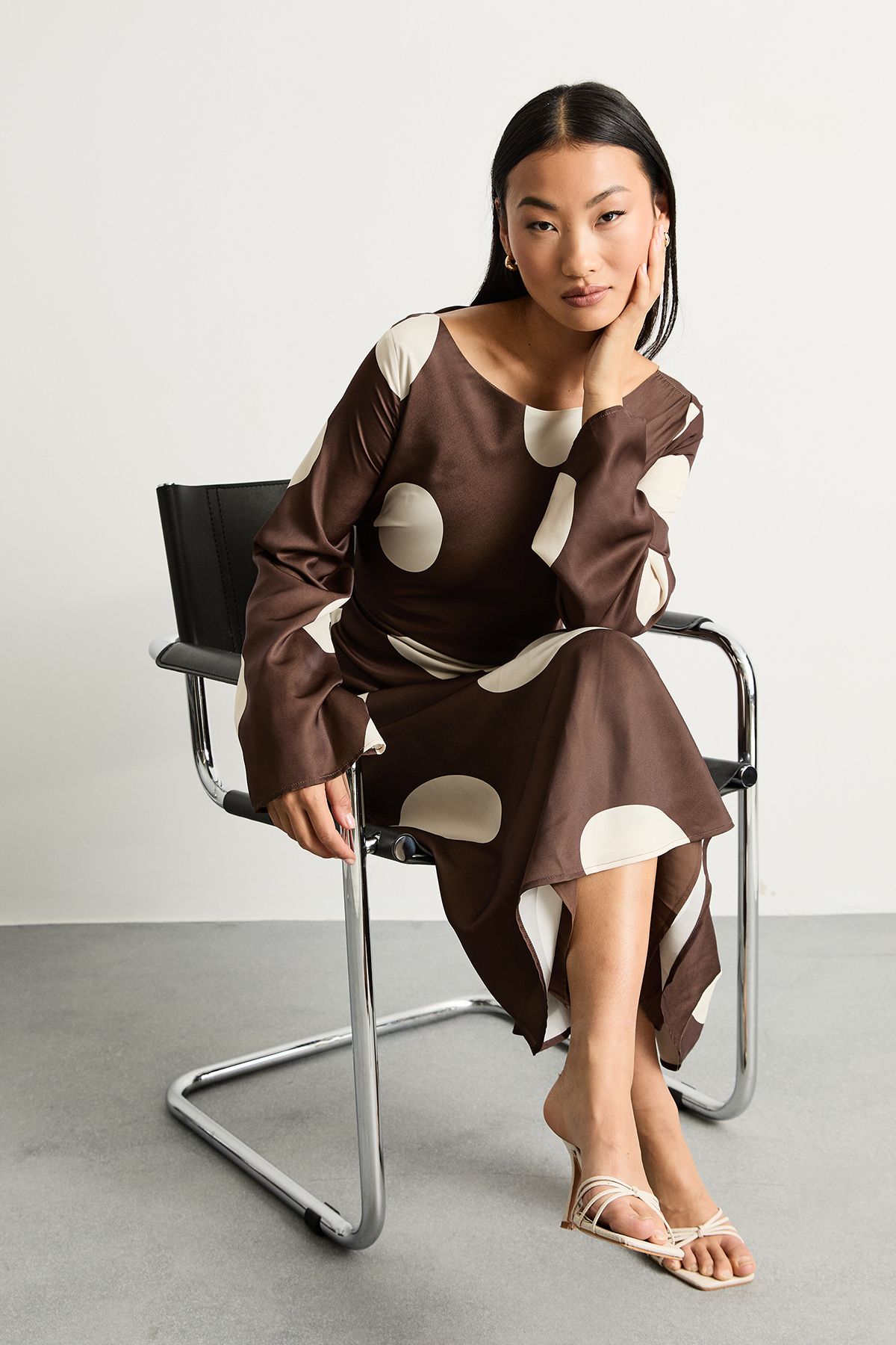 Warehouse Petite Polka Dot Scoop Back Long Sleeve Maxi Dress