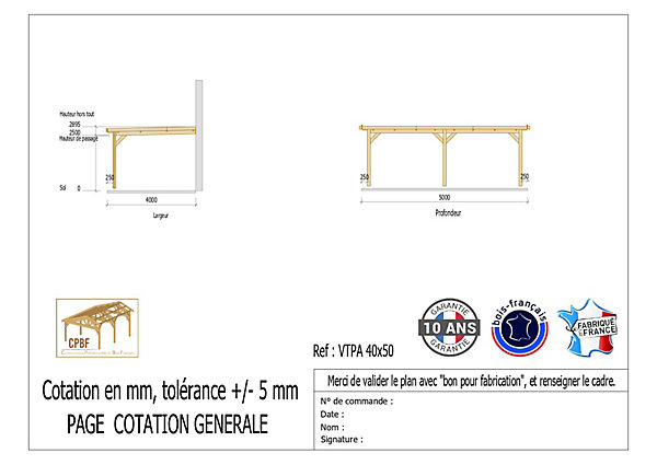 Carport adossé toit plat 450cmx650cm, bois DOUGLAS Français (Charpente en bois-auvent-abri voiture) 30 m². Garantie 10 ans