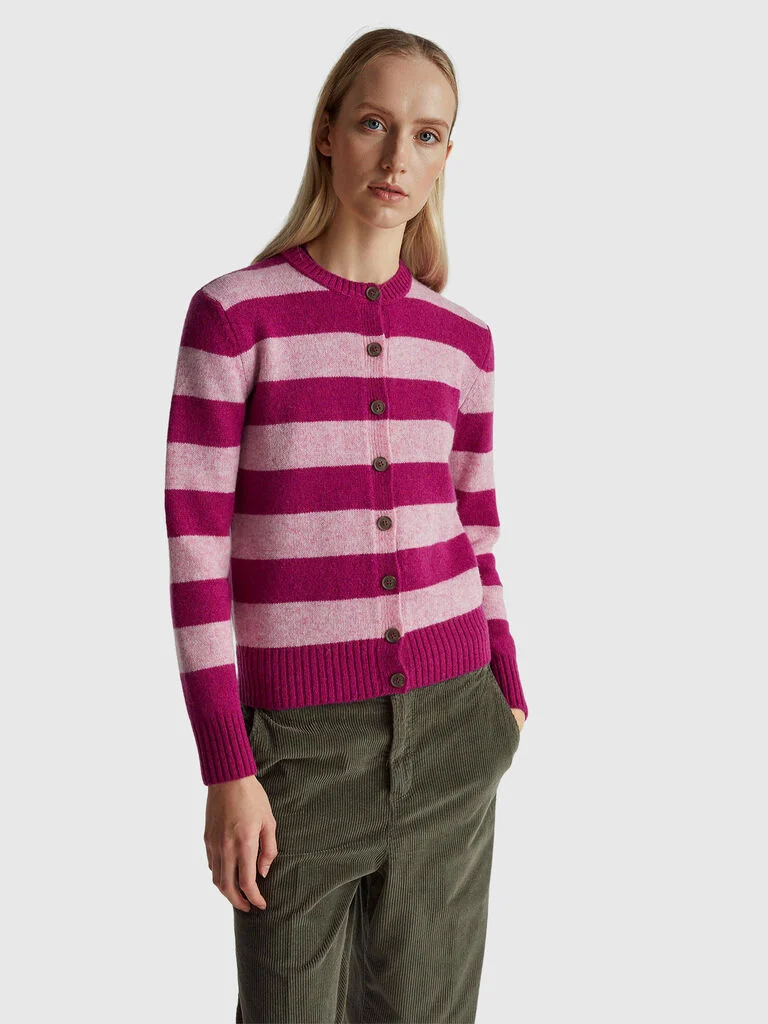 Striped cardigan in pure Shetland wool