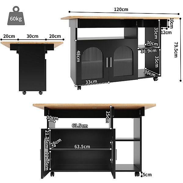 Îlot de cuisine moderne, 120x70x79,5 cm, avec plan de travail rabattable, placards de rangement, desserte et buffet, noir