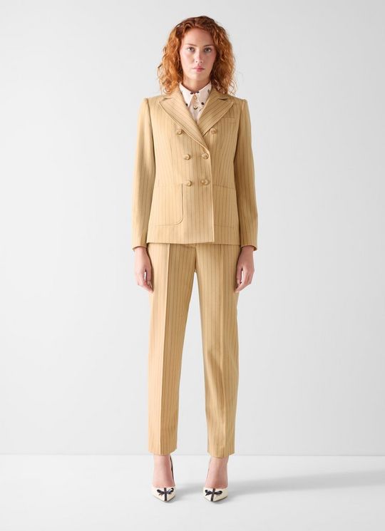 Winnie Pinstripe Multi Camel Wool Double-Breasted Jacket