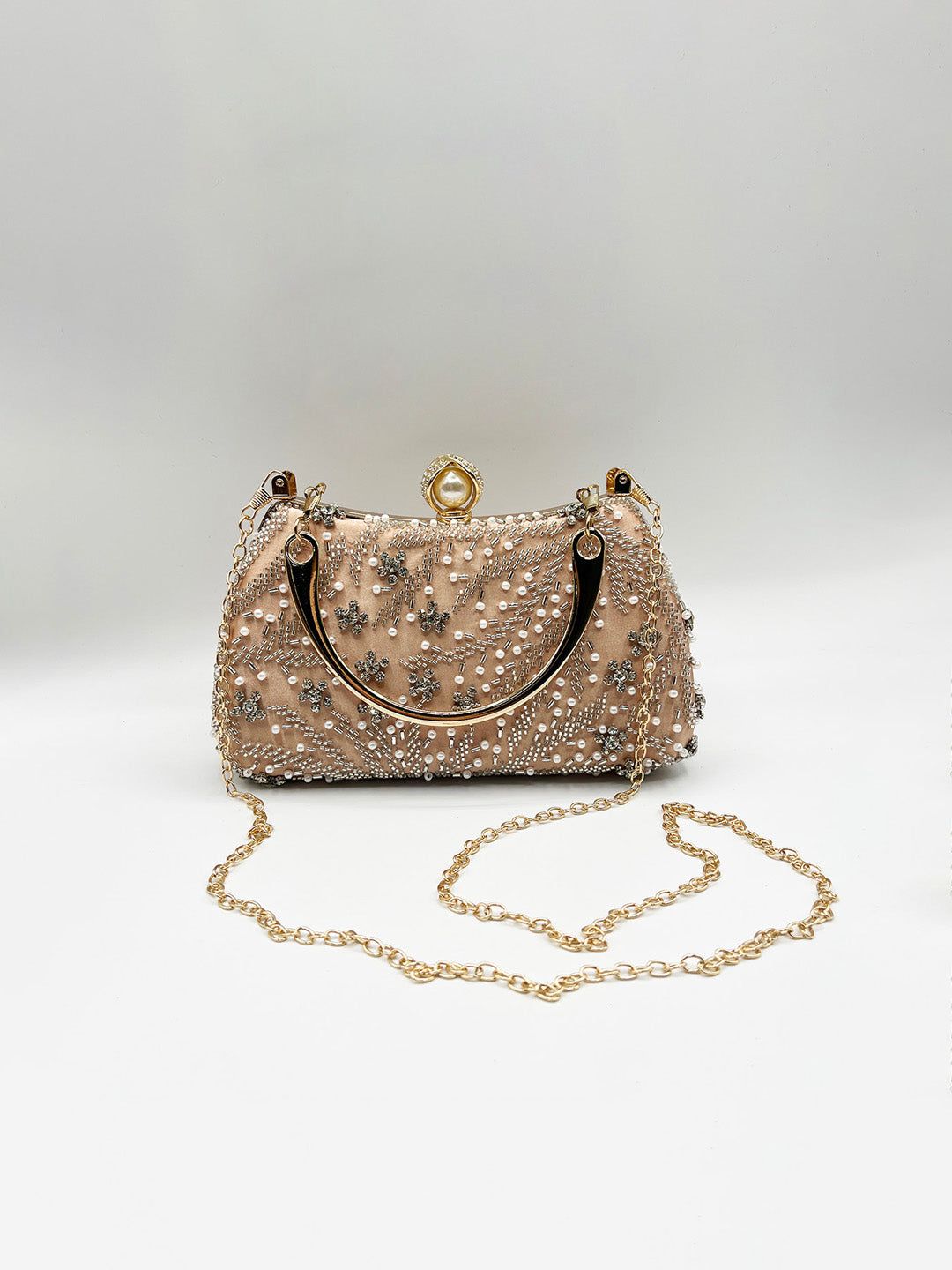 SVNX Floral Beaded Clutch Bag In Champagne