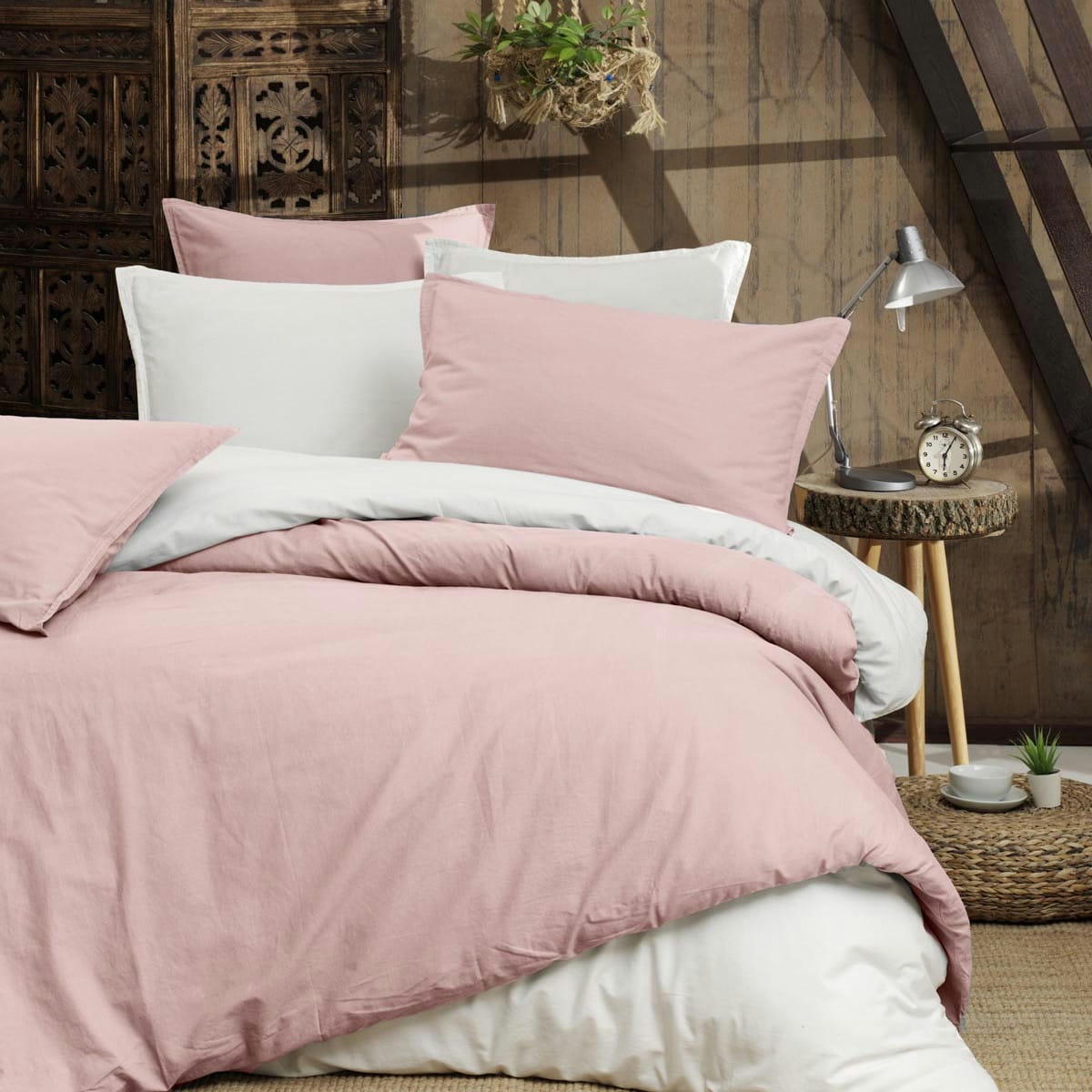 HOME WASHED - Drap housse en percale lavée bonnet 30 cm  poudre 140x190 cm