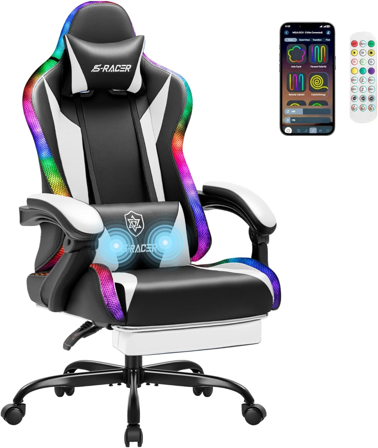 Homall Gaming Chair with Massage & Footrest, Ergonomic Computer Office Chair, High-Back Racing Style Reclining Chair with Adjustable Lumbar Support, PU Leather for Adults (White)
