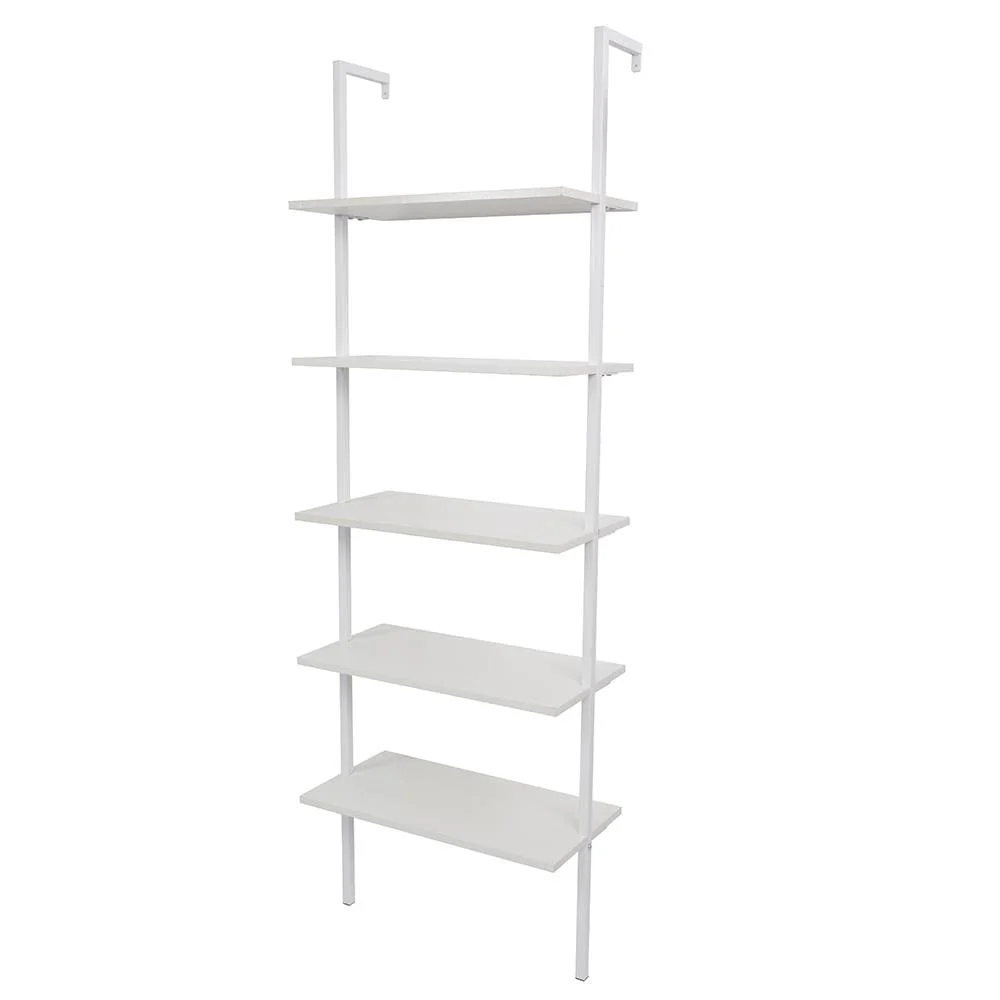 5-Shelf Wood Ladder Bookcase with Metal Frame Wall Mount Book Shelf