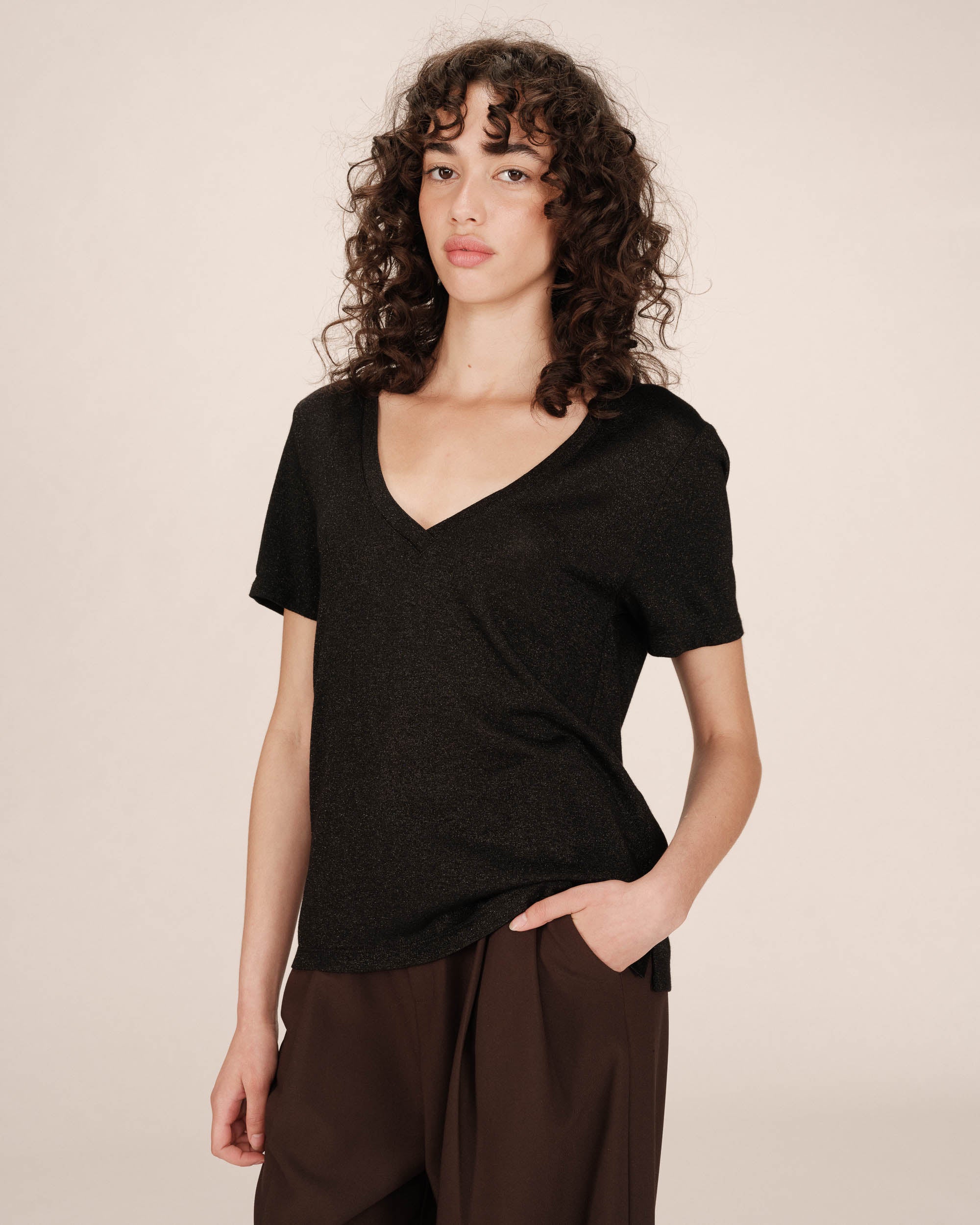 T-shirt col v en lurex noir Stardust