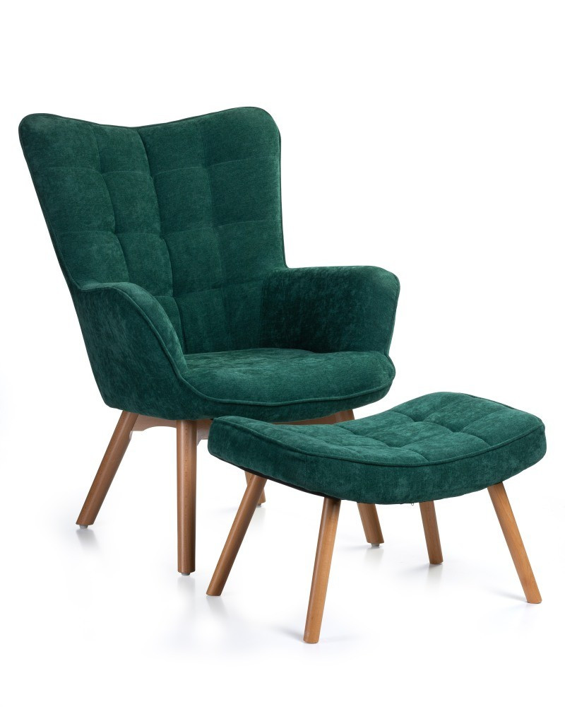 Fotel z podnóżkiem Grella Bottle Green uszak do salonu Glam