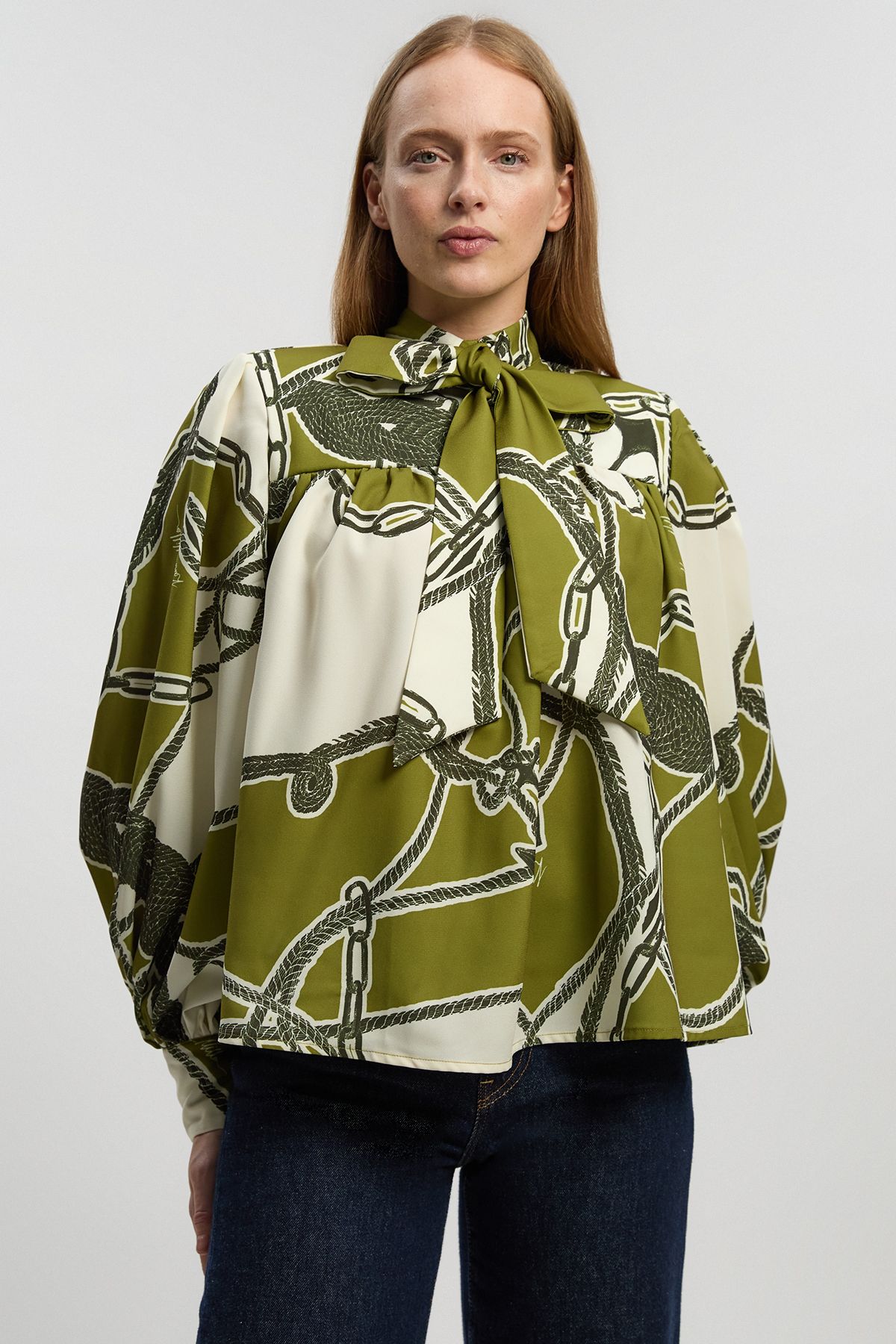 KarenMillen Chain Print Woven Balloon Blouse With Tie Detail