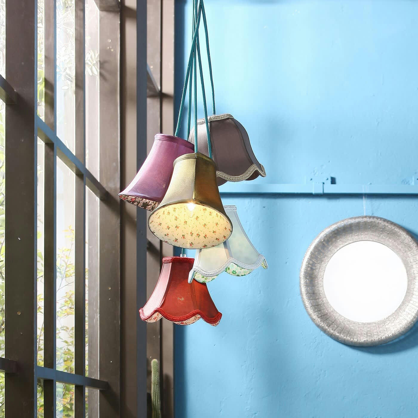 SALOON FLOWERS - Suspension bohème 5 abat-jours en tissu