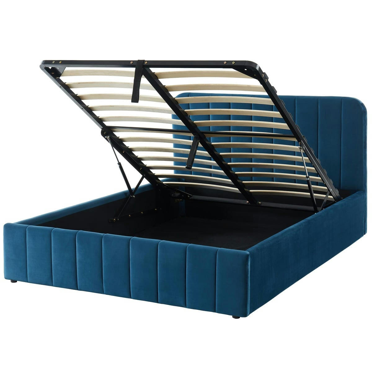 AVA - Lit coffre 140x190cm en velours bleu + tête de lit + sommier à lattes