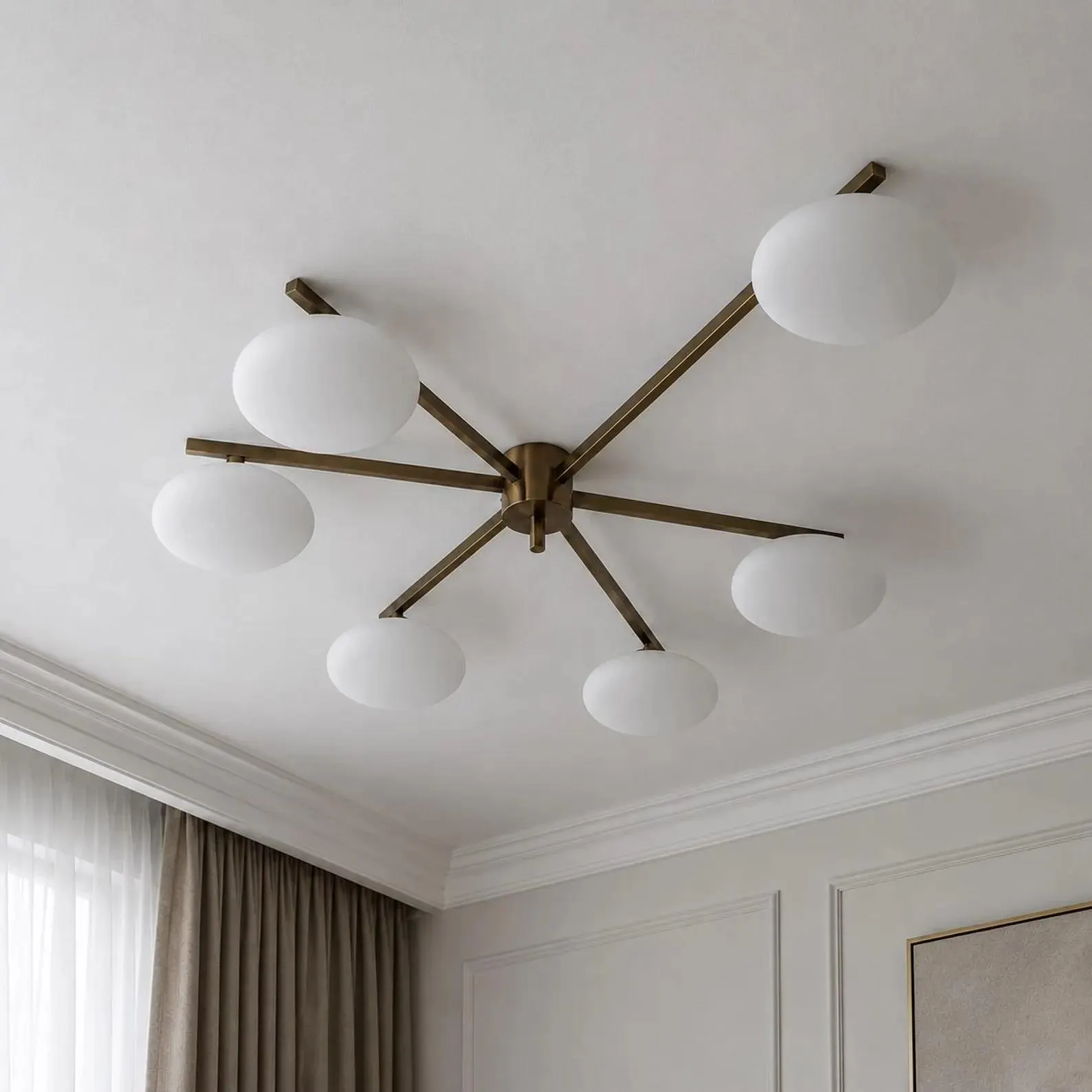 Mid Century Modern Brass Globe Chandelier | Lelli Style 6 Light Flush Mount | Statement Lighting
