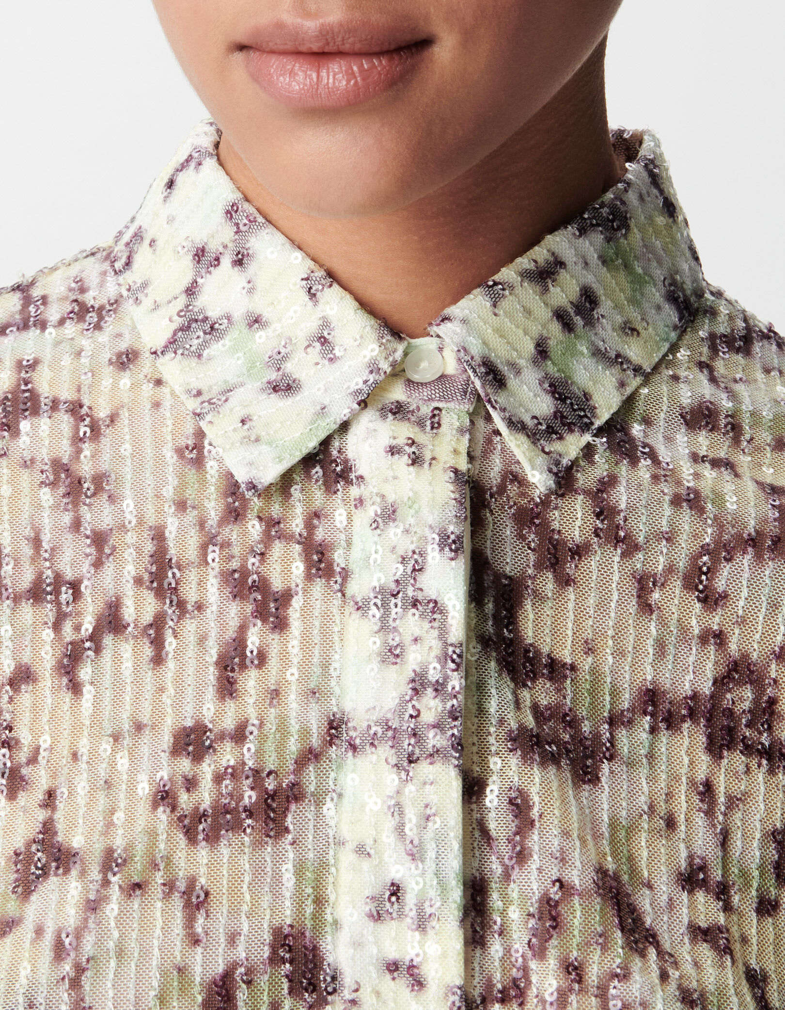 Chemise verte motif camouflage broderies sequins Femme