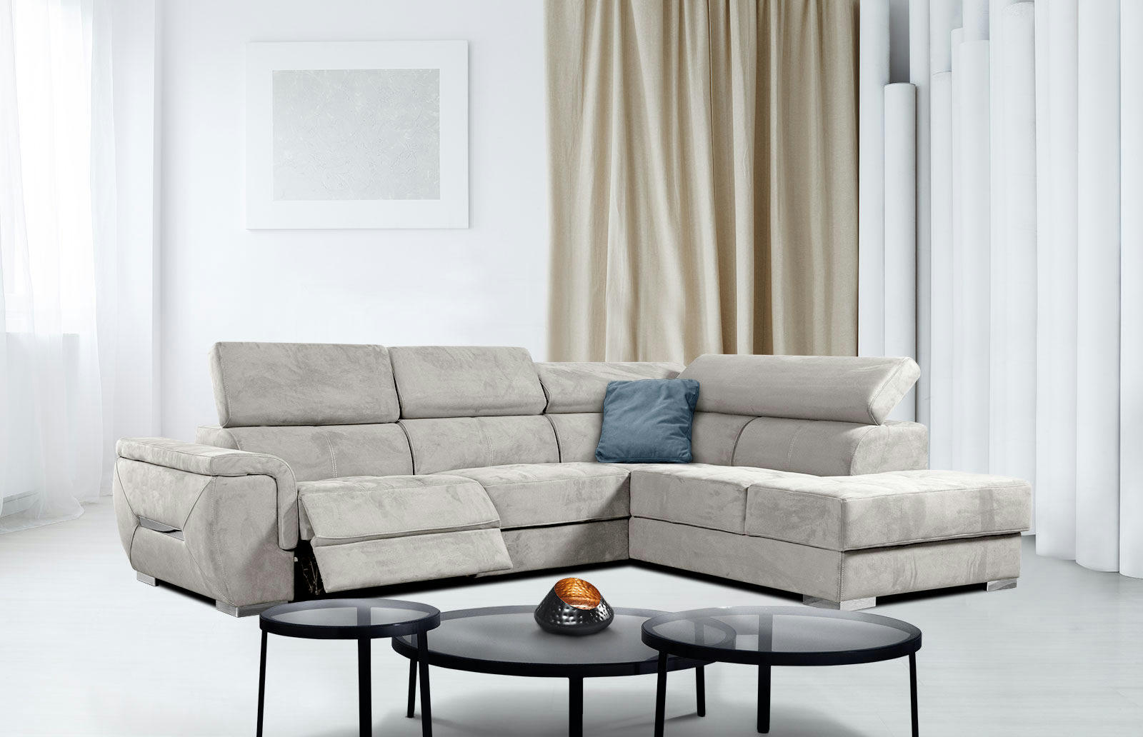 KELTE - Canapé d'angle droit 5 places avec une relaxation tissu beige