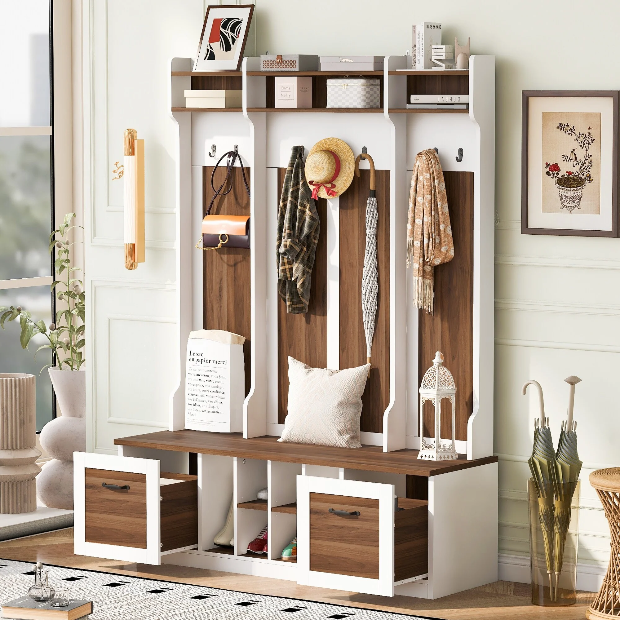 Hall Tree with Bench and Shoe Storage, 3-in-1 Entryway Hall Tree with Hooks, 2 Drawers and Adjustable Shelves for Hallway