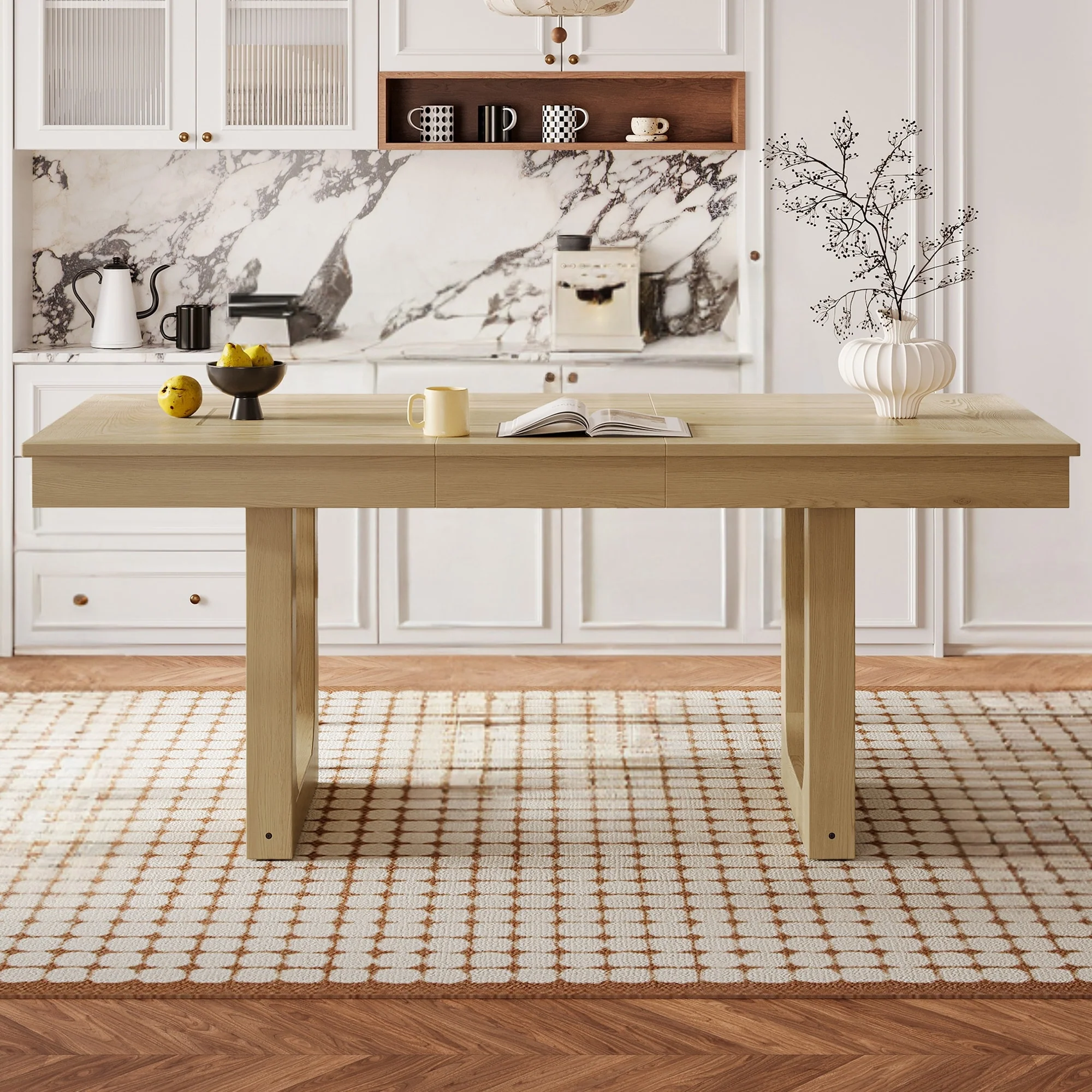 60-78 Extendable Dining Table, Farmhouse Wooden Kitchen Table with Removable Leaf, Large Expanding Table for 4-8