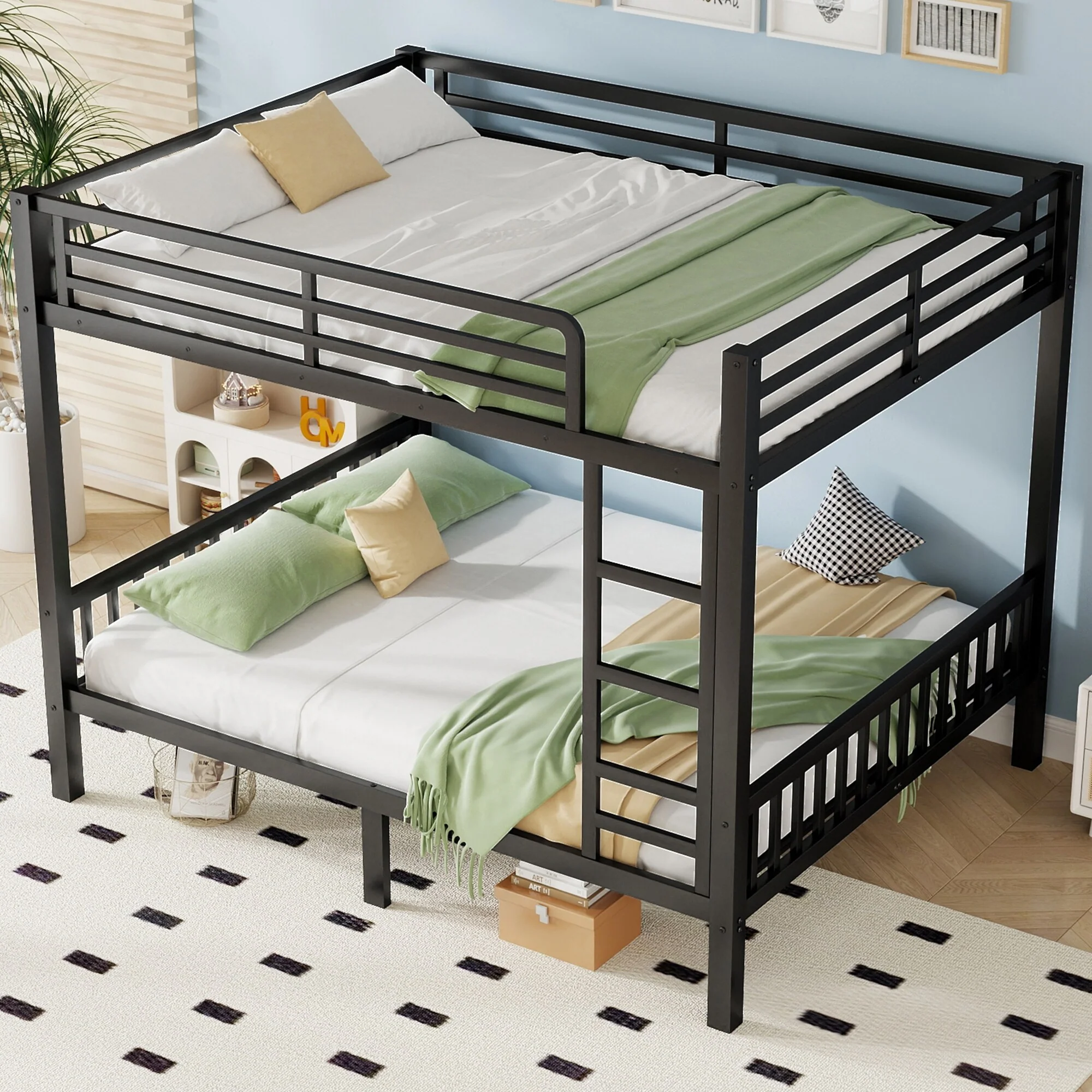 Queen Over Queen Metal Bunk Bed with Ladder and Slats Support for Adults Teens