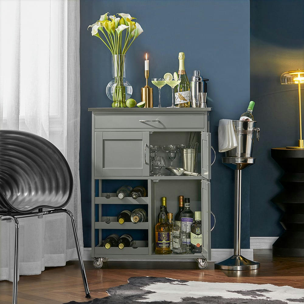 - Desserte effet bois gris à roulettes 1 tiroir 3 portes