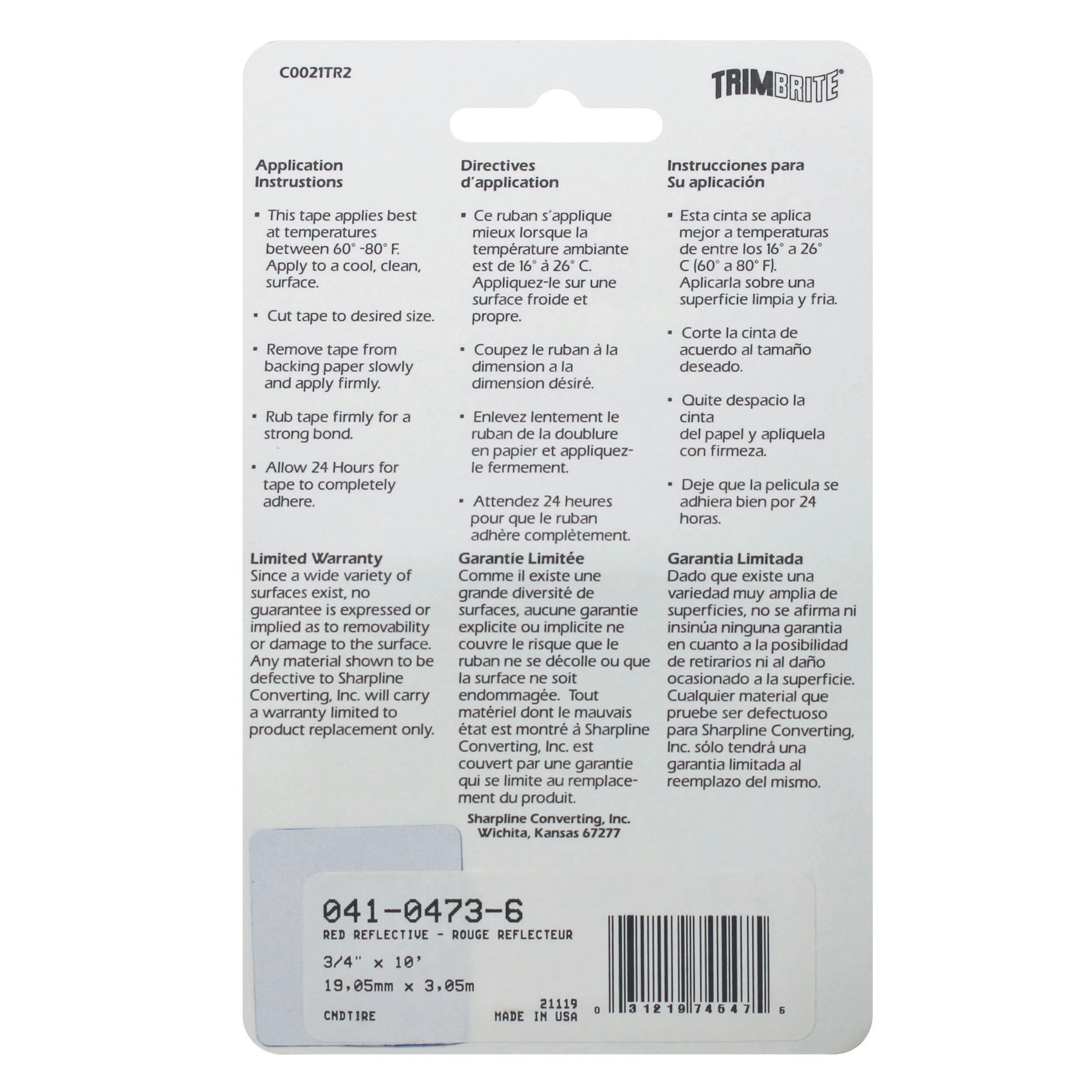 Trimbrite Reflective Tape, Red, 3/4-in x 10-ft