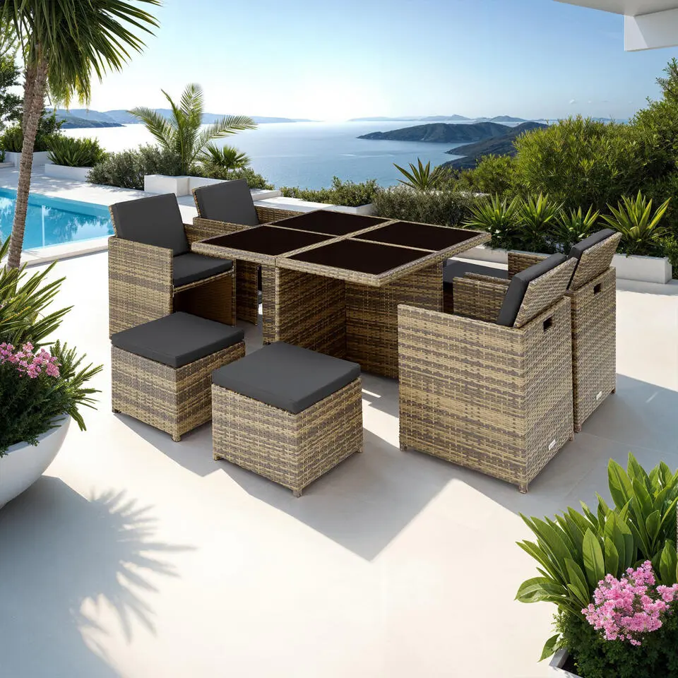tectake Wicker tuinset Manhattan 4 4 1 met aluminium frame en beschermhoes