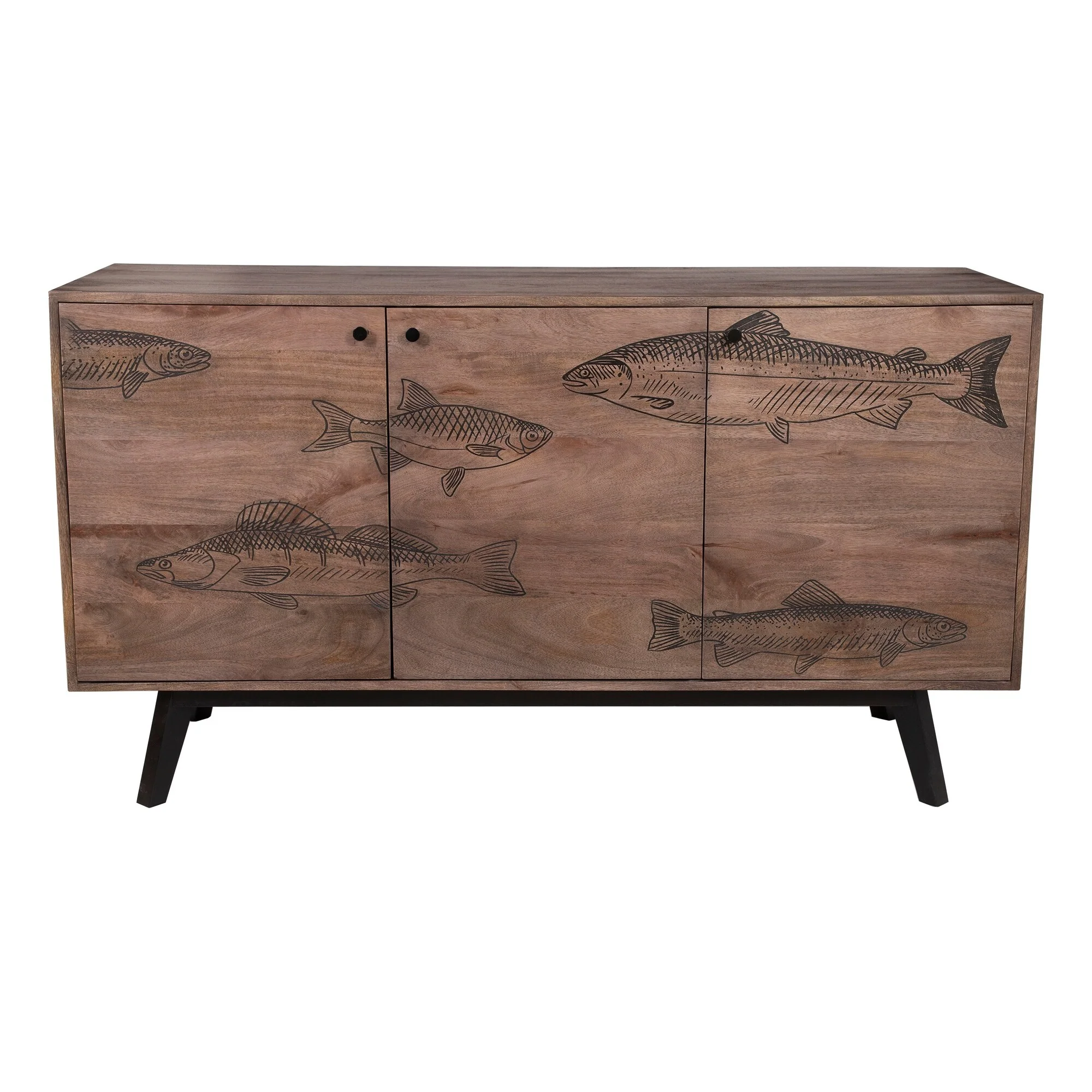 Porter Designs Fish Transitional Solid Wood 3-Door Sideboard, Gray